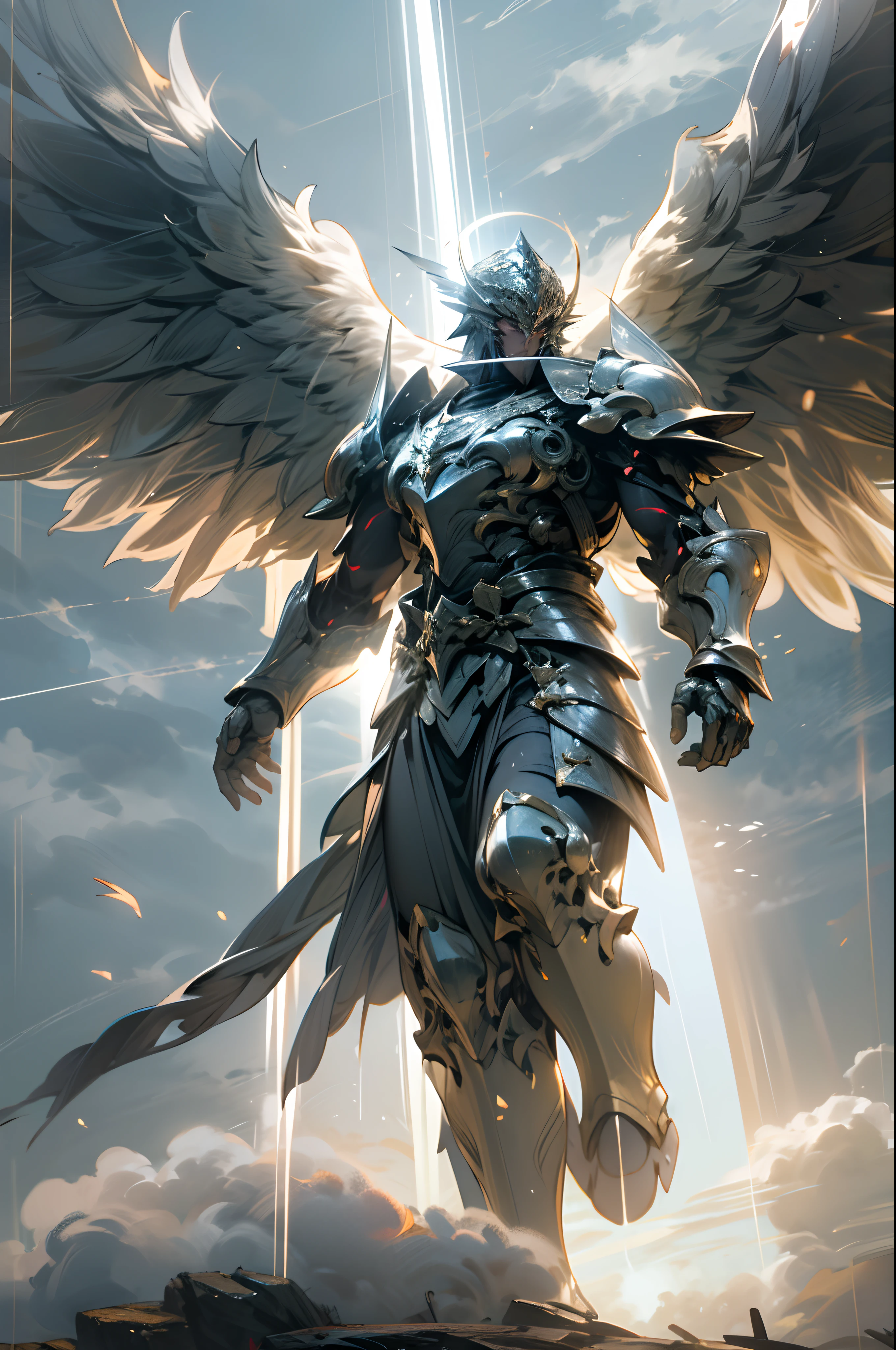 (4k, Cinematic Light Effects,) sky, Anjo Poderoso (suspenso no ar), armaduras, Espada de Escudo, Seis Asas, Postura de Batalha, Cloudy sky, Sunlight shining through the gaps in the clouds, Mist