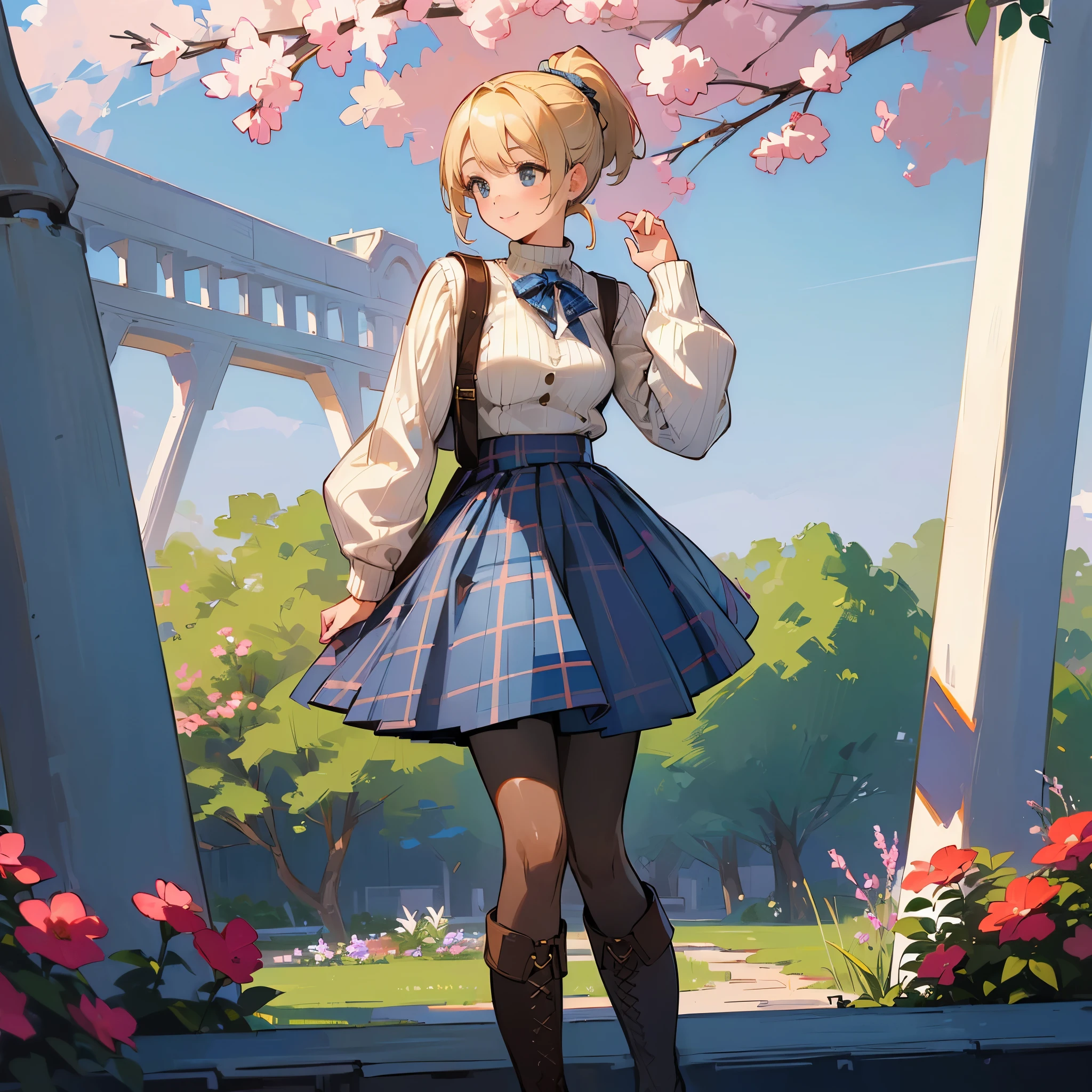 (high quality, high resolution, Super detailed, Reality:1.37), peaceful atmosphere, (outdoor, garden), Teenage girl standing alone, (My breasts are big.), Beautiful detailed features, cute smile, (Blonde ponytail), ribbed sweater, blue plaid skirt, Black tights, brown boots.