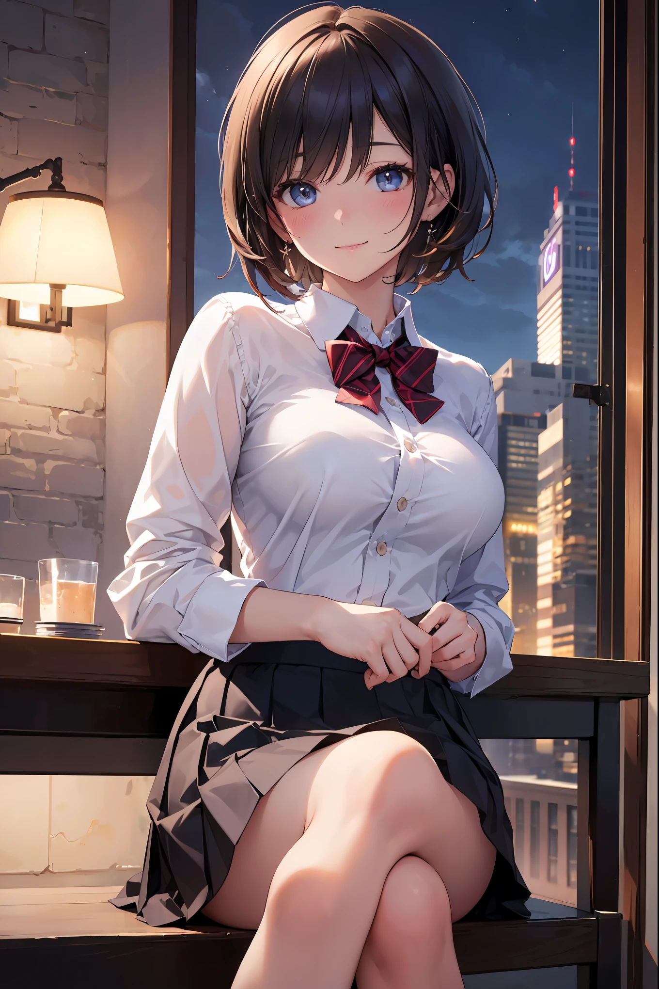 (8k, RAW photo, best quality, masterpiece:1.2), (realistic, photo-realistic:1.37), ultra-detailed,
1 girl,cute, solo,beautiful detailed sky,detailed cafe,night,sitting,dating,(nose blush),(smile:1.1),(closed mouth),large breasts, seductive smile, large aparture, professional lighting, Sony A7R4, Zessie 50mm F1.8,
medium breasts,beautiful detailed eyes,(collared shirt:1.1), bowtie,pleated skirt,(short hair:1.2),floating hair 