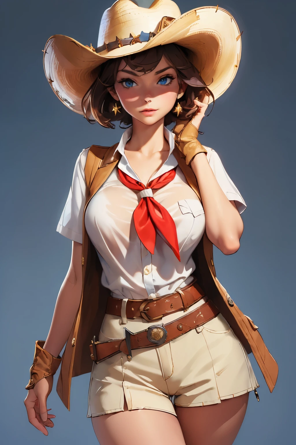 (((((solo))))),(((((masterpiece))))), (((((best quality))))),(((((highly detailed))))), finely detailed, Depth of field,detailed clothes, highres,
1girl, bangs, (beautiful detailed face:1.3), collarbone, collared shirt, ((white shirt)), buttons open to show cleavage, show belly, blue eyes, golden hair, cleavage, ((cowboy)), (cowboy hat:1.3), short gloves. fingerless gloves, hat, medium breasts, navel, neckerchief, red neckerchief, short hair, short shorts, shorts, healthy thighs, gun belt ,cowboy western, sunny desert background, thigh gap