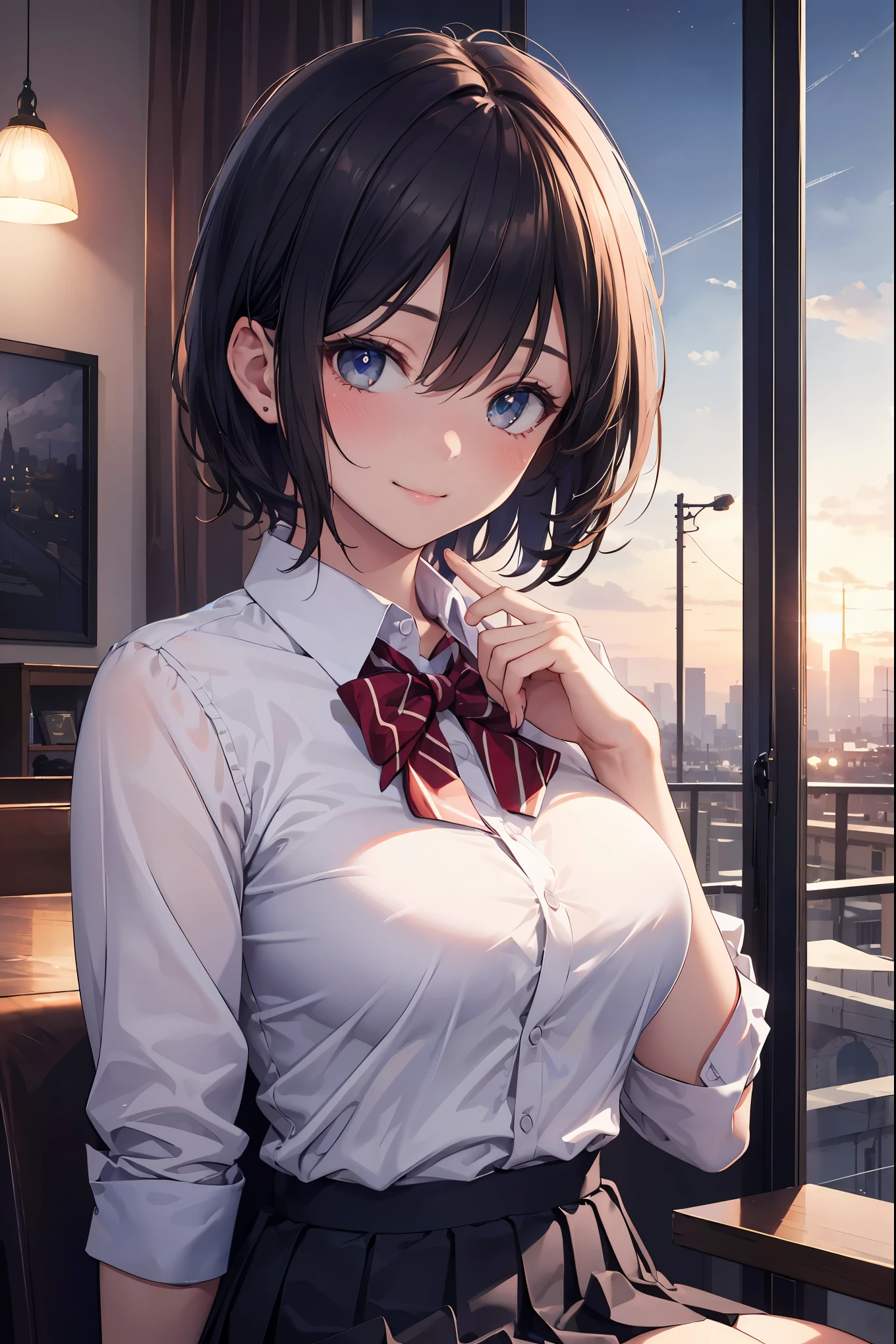 (8k, RAW photo, best quality, masterpiece:1.2), (realistic, photo-realistic:1.37), ultra-detailed,
1 girl,cute, solo,beautiful detailed sky,detailed cafe,night,sitting,dating,(nose blush),(smile:1.1),(closed mouth),large breasts, seductive smile, large aparture, professional lighting, Sony A7R4, Zessie 50mm F1.8,
medium breasts,beautiful detailed eyes,(collared shirt:1.1), bowtie,pleated skirt,(short hair:1.2),floating hair 