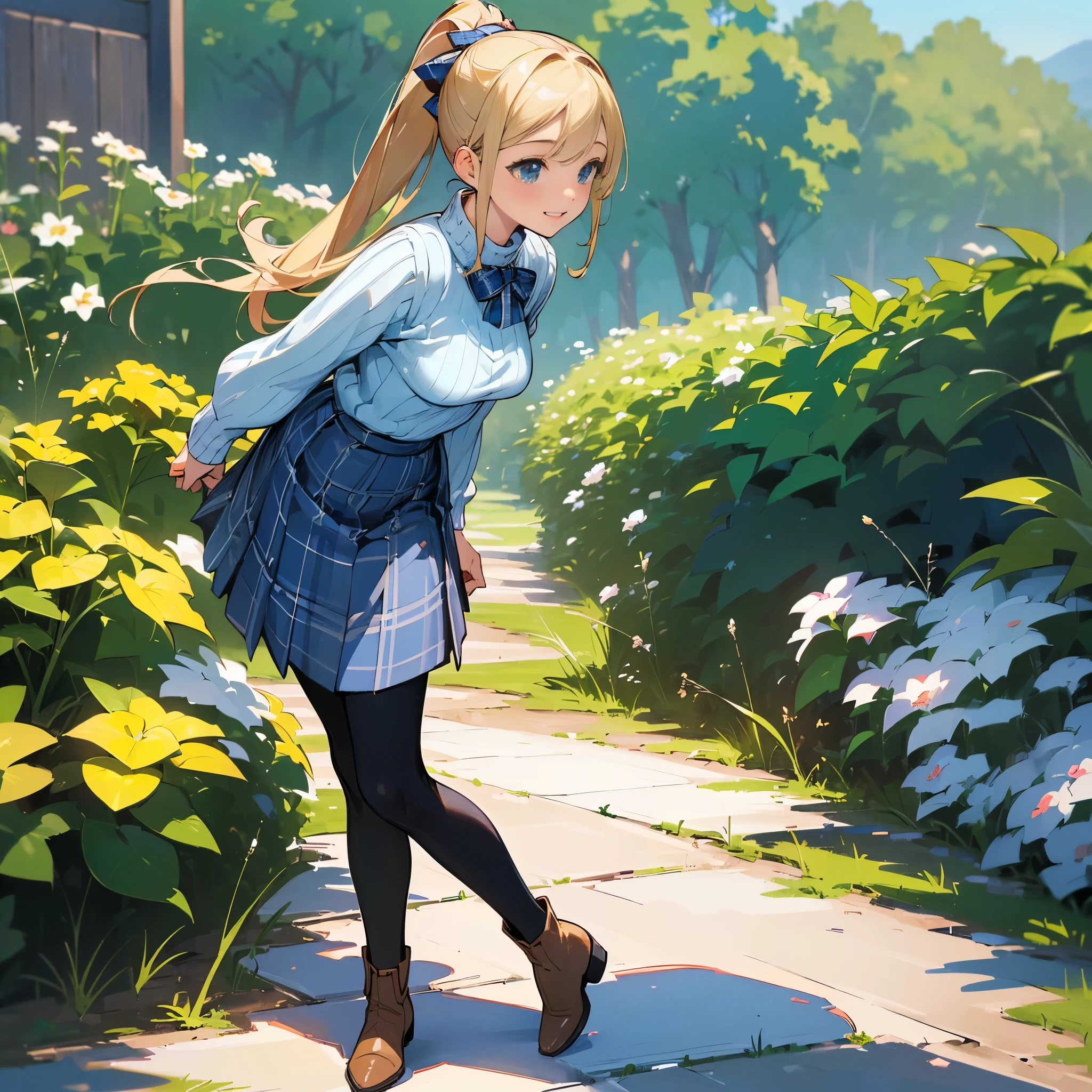 (high quality, high resolution, Super detailed, Reality:1.37), peaceful atmosphere, (outdoor, garden), Teenage girl standing alone, (My breasts are big.), Beautiful detailed features, cute smile, (Blonde ponytail), ribbed sweater, blue plaid skirt, Black tights, brown boots.