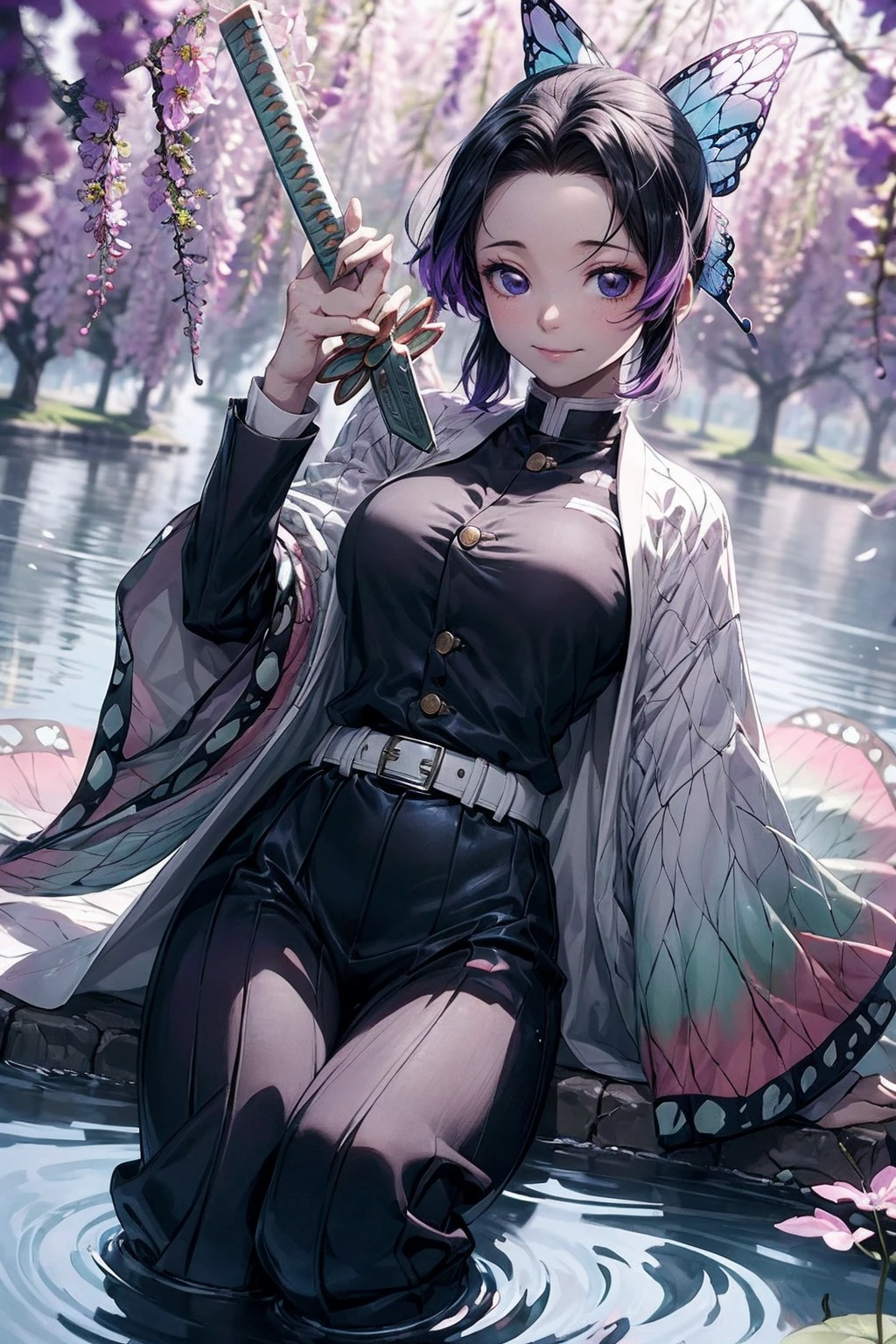 Extremely detailed and high-resolution masterpiece of Kocho Shinobu, the beautiful and deadly Demon Slayer in dynamic action. Add emphasis on the intricate details of her butterfly-themed outfit and the fierce expression on her face. Set the scene on a sunny day, with a serene pond and cherry blossom petals in the background. Use rich colors and volumetric light to create a sense of ethereal beauty and power, smilling