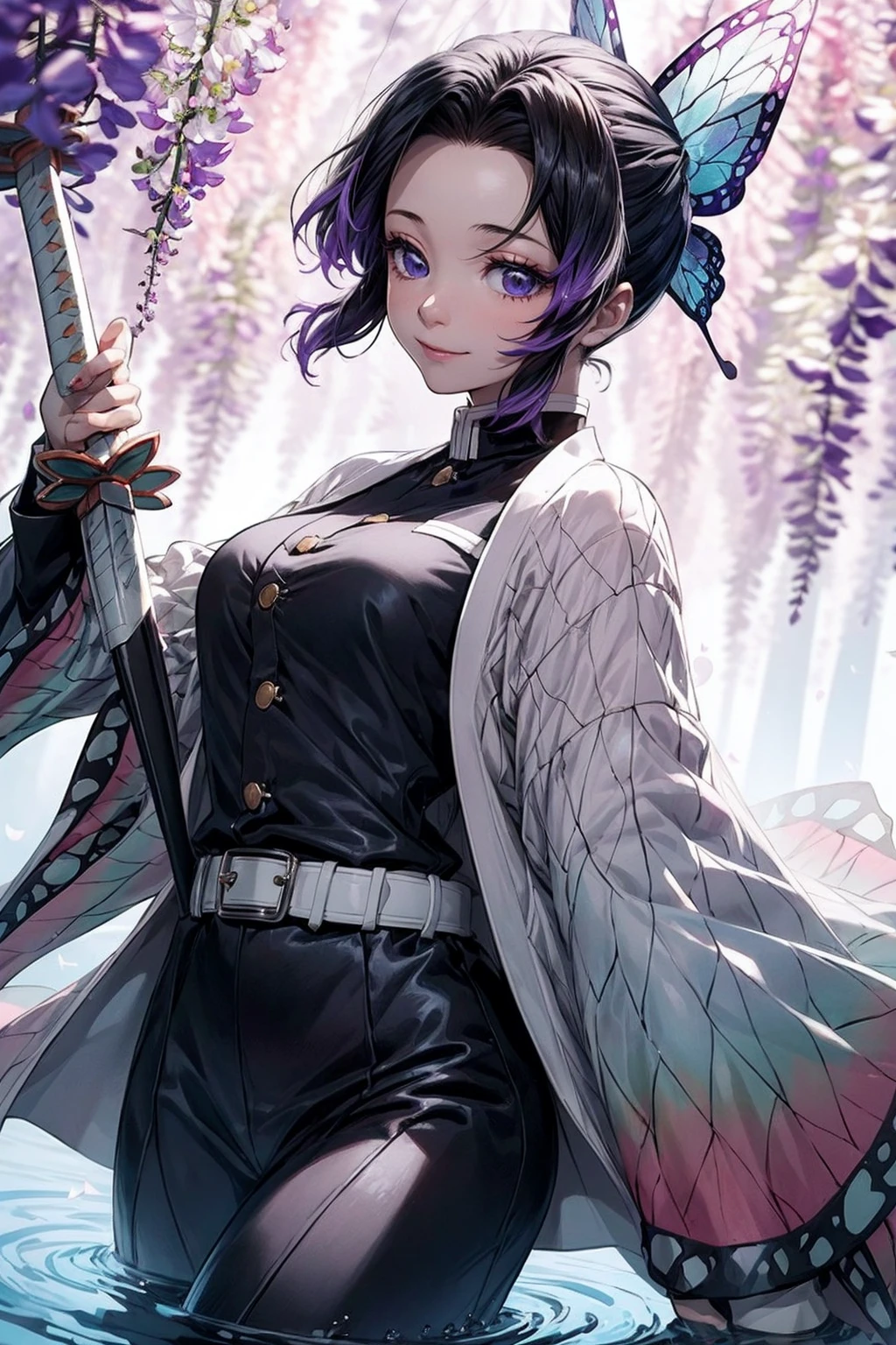 Extremely detailed and high-resolution masterpiece of Kocho Shinobu, the beautiful and deadly Demon Slayer in dynamic action. Add emphasis on the intricate details of her butterfly-themed outfit and the fierce expression on her face. Set the scene on a sunny day, with a serene pond and cherry blossom petals in the background. Use rich colors and volumetric light to create a sense of ethereal beauty and power, smilling