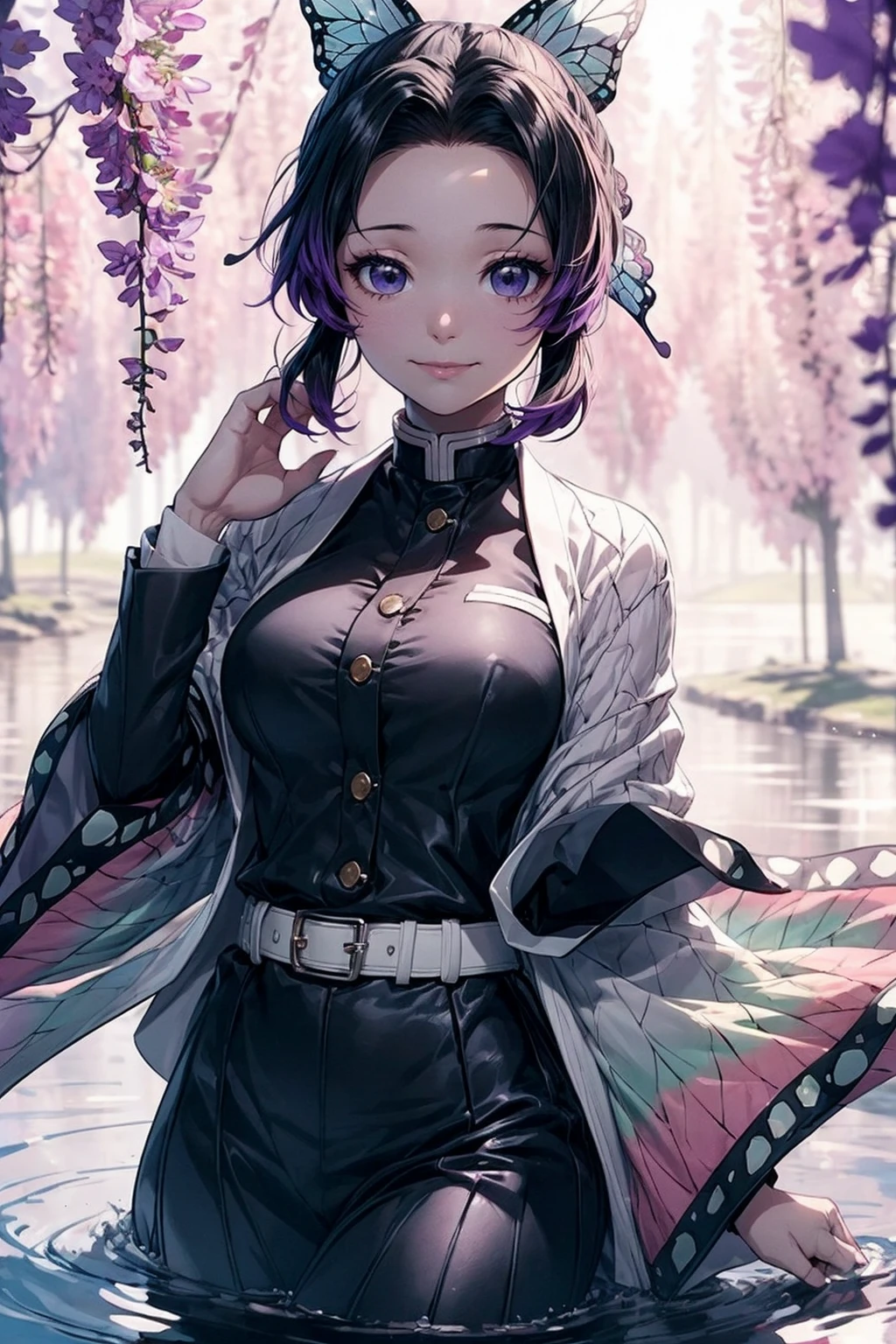 Extremely detailed and high-resolution masterpiece of Kocho Shinobu, the beautiful and deadly Demon Slayer in dynamic action. Add emphasis on the intricate details of her butterfly-themed outfit and the fierce expression on her face. Set the scene on a sunny day, with a serene pond and cherry blossom petals in the background. Use rich colors and volumetric light to create a sense of ethereal beauty and power.