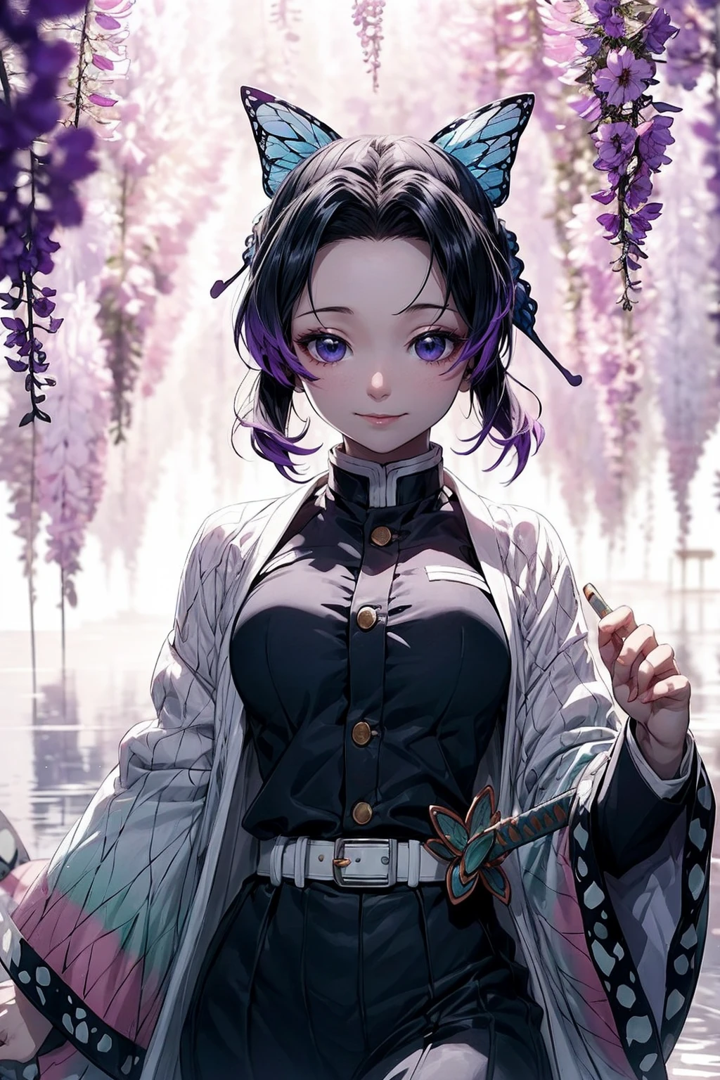 Extremely detailed and high-resolution masterpiece of Kocho Shinobu, the beautiful and deadly Demon Slayer in dynamic action. Add emphasis on the intricate details of her butterfly-themed outfit and the fierce expression on her face. Set the scene on a sunny day, with a serene pond and cherry blossom petals in the background. Use rich colors and volumetric light to create a sense of ethereal beauty and power.