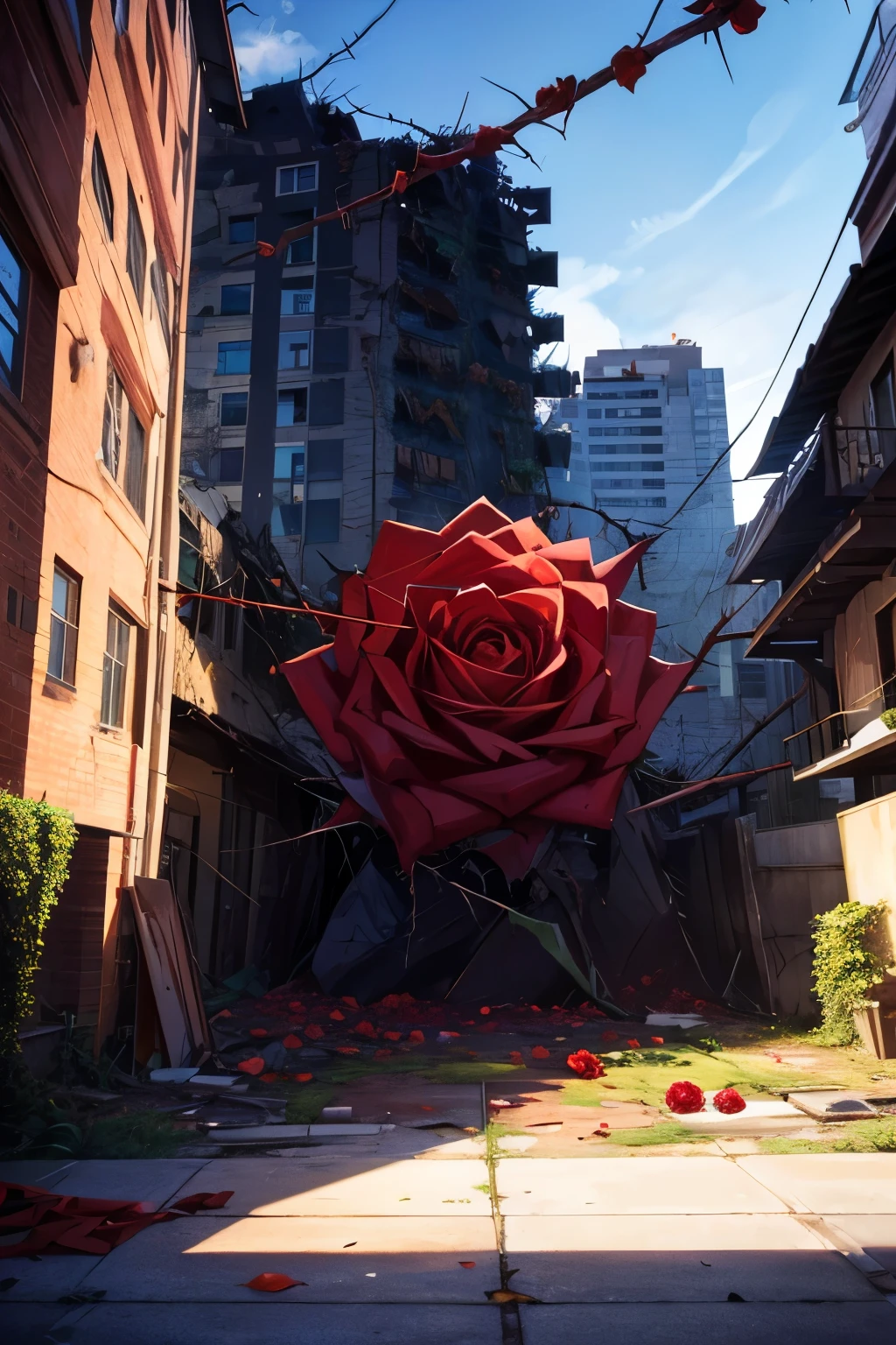 giant rose wrapping around a building, destroyed, thorns
