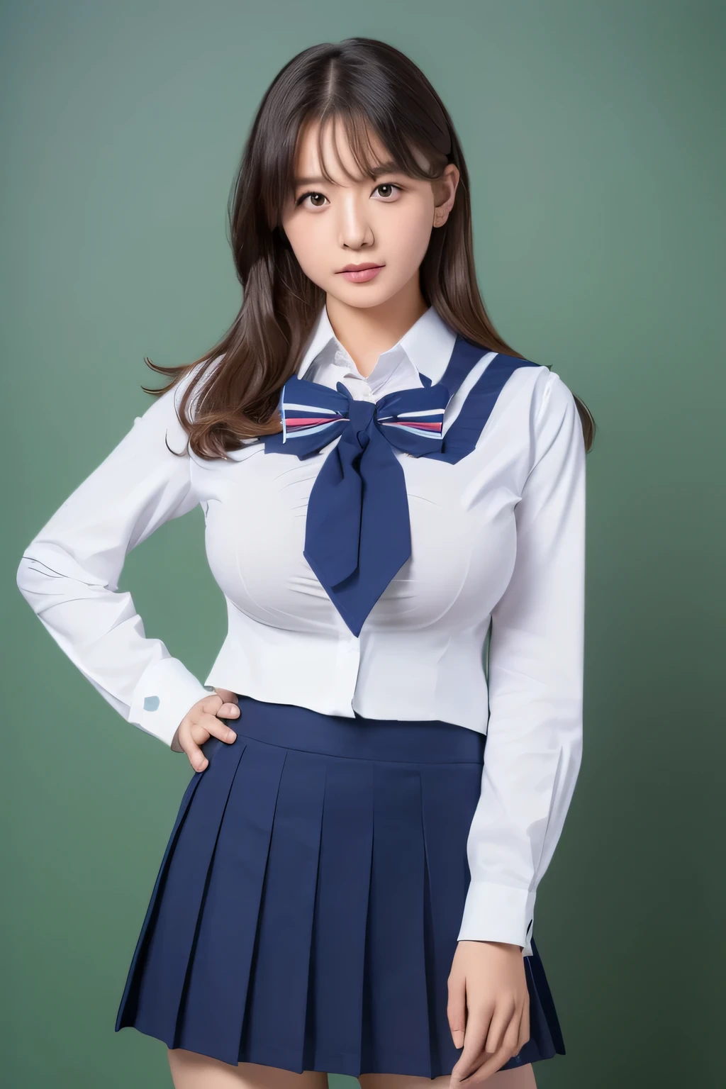 ((highest quality, 8K, masterpiece: 1.3)), 1 girl, shiny skin, sharp, perfect body beauty, Perfect body with realistic shading, (jk uniform:1.3), (Japanese high school girl:1.2)(Uniform bow tie:1.3)(dynamic pose)、(white shirt:1.2), panty shot, ("skirt , lift skirt , ":1.3) , (cleavage:1.3) , (big breasts:1.5) , (cleavage:1.5), thigh , small face ,(School Tights:1.3)