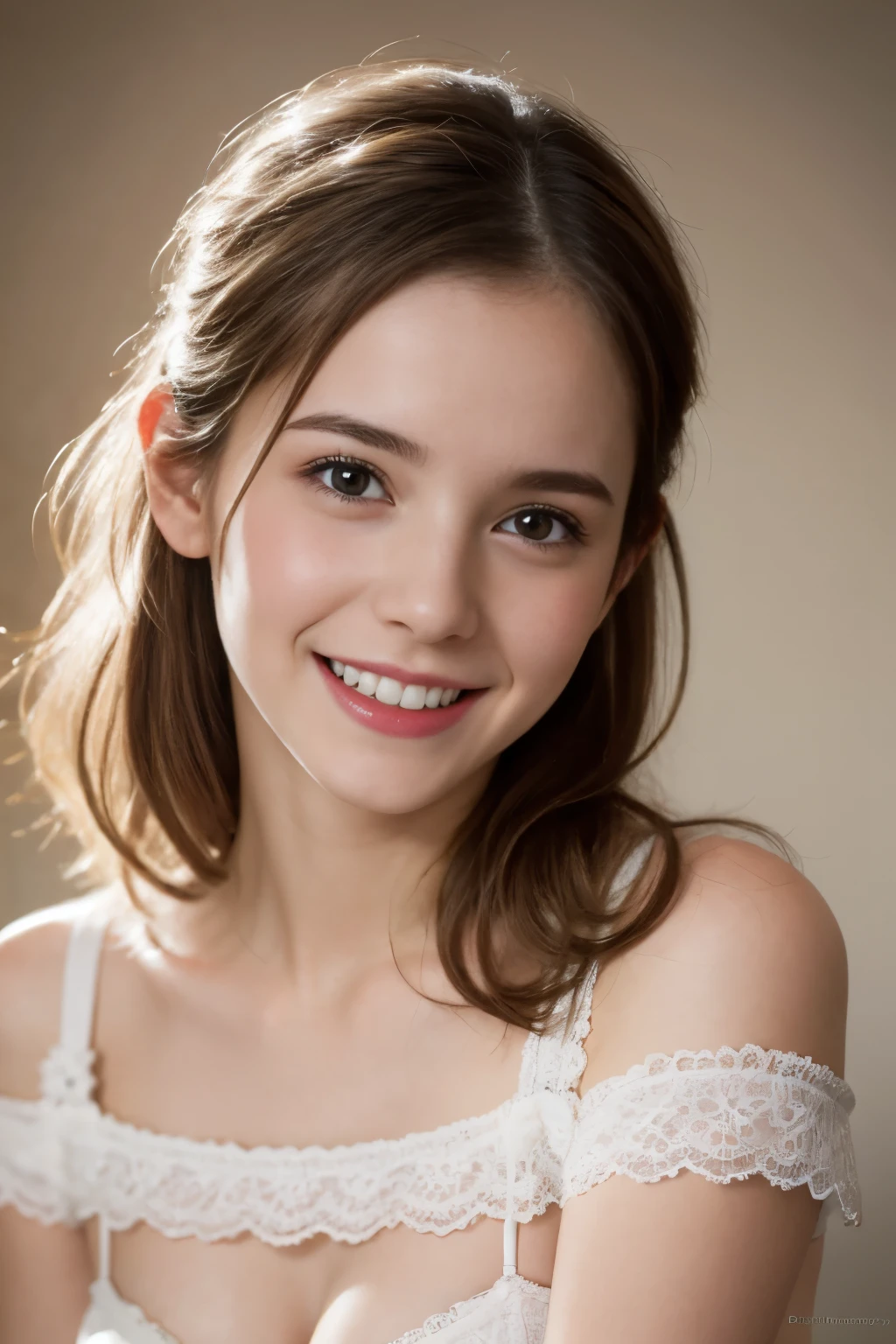 Masterpiece, Best quality, 8k, 18 ans, Photo brute, absurdes, Award-winning portrait, sourire, sourire, pure, french, laces, happy smile, Playboy, pin-up