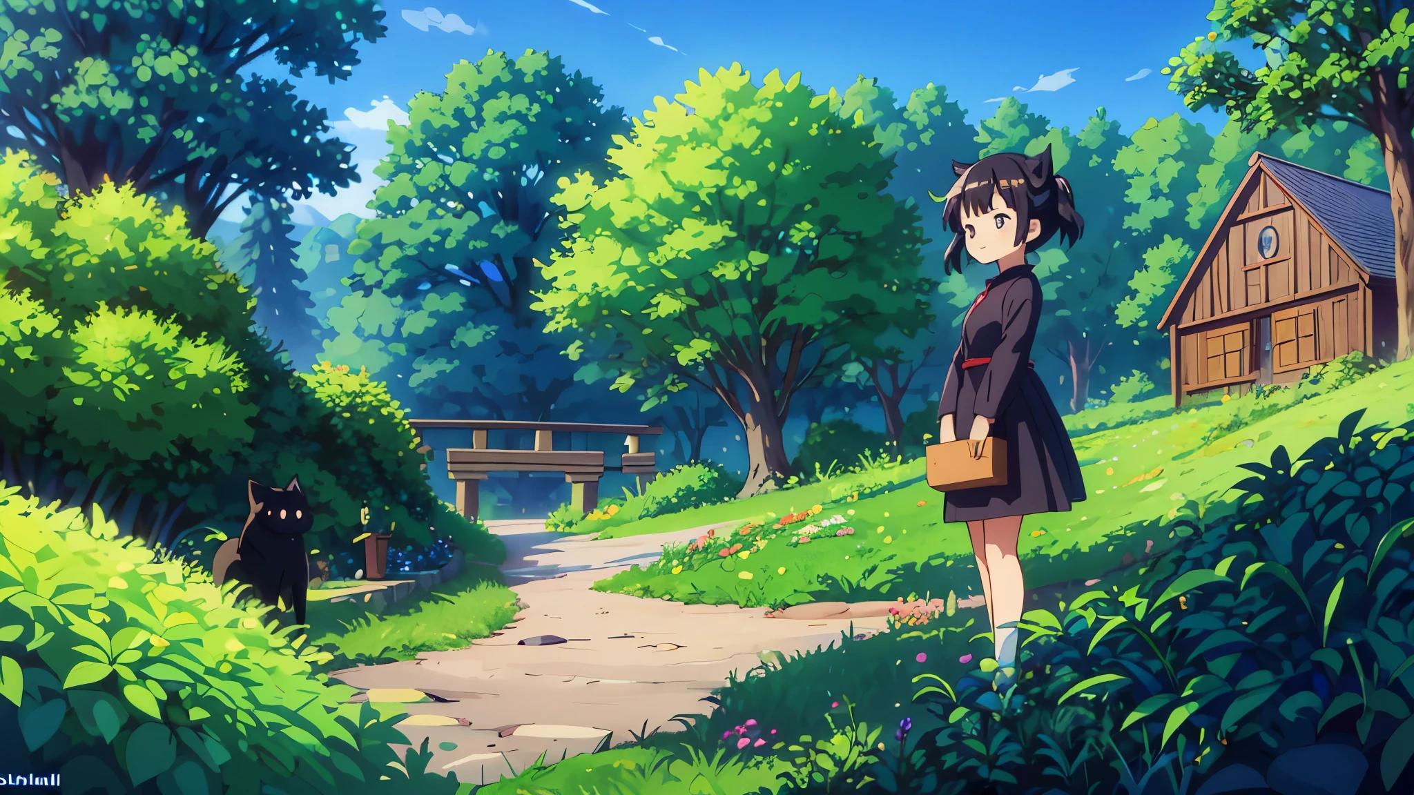 Ghibli、Kiki the Witch's Delivery Service、Black cat、nature、null、girl、smile、Ghibli作品っぽい、Neko Bus、