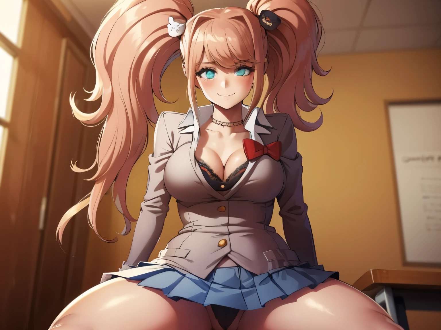 (((kipteitei art))), Masterpiece, high quality, best quality, beautiful, HD, perfect lighting, detailed face, detailed body, ultra cute face, ((1girl)), ((solo)), Monika, green eyes, very long hair, ponytail, white bow, school uniform, blazer, brown sweater, collared shirt, neck ribbon, blue skirt, school classroom, looking at viewer, cowboy shot, seductive smile, blush, affectionate, in love with viewer, 4th wall break, cute pose, medium breasts, perky breasts, (wide hips), ((thick thighs)), thicc, sitting on desk