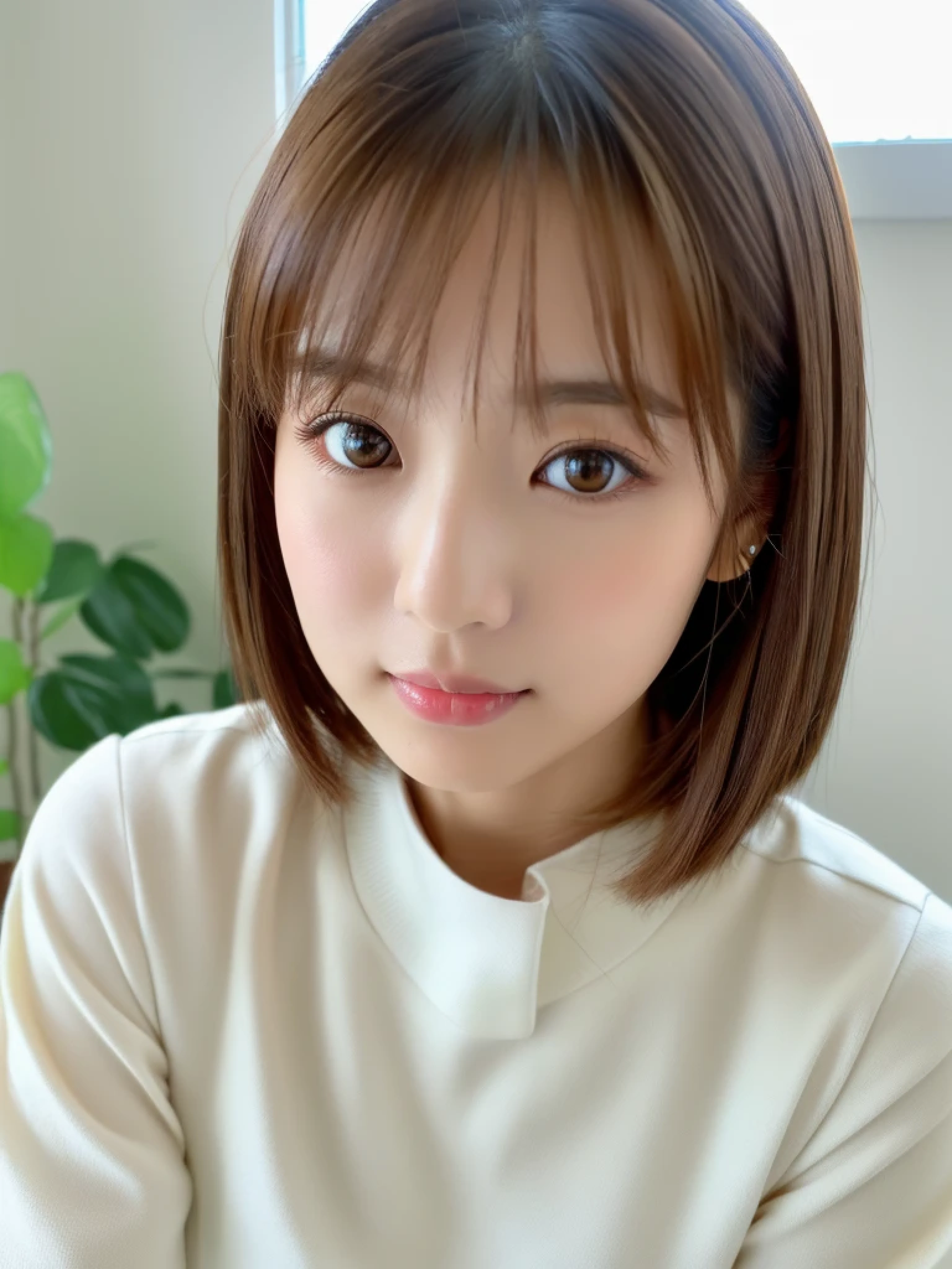 ((cute日本の女の子、beautiful japanese girl、1 girl、19 years old、Highly detailed face and skin texture、super detailed face、highly detailed eyes、Lee Hong、blush、ponytail、close-up of woman、front、cute、Highly detailed face and skin texture、smooth white skin、Transparent skin texture、))、(dark brown hair)、look at the camera、sharp focus：1.2、beautiful woman with perfect style：1.4、japanese model、young gravure idol、若いcuteグラビアアイドル、Realistic young gravure idol、sophisticated gravure idol、((highest quality、8K、masterpiece:1.3、１photograph))、(4K、RAWphotograph、highest quality)、Place someone on the other side of the screen、Natural light、((morning、noon、Bright interior、white room、Sense of cleanliness、bedルーム、bed、観葉plant、plant))、