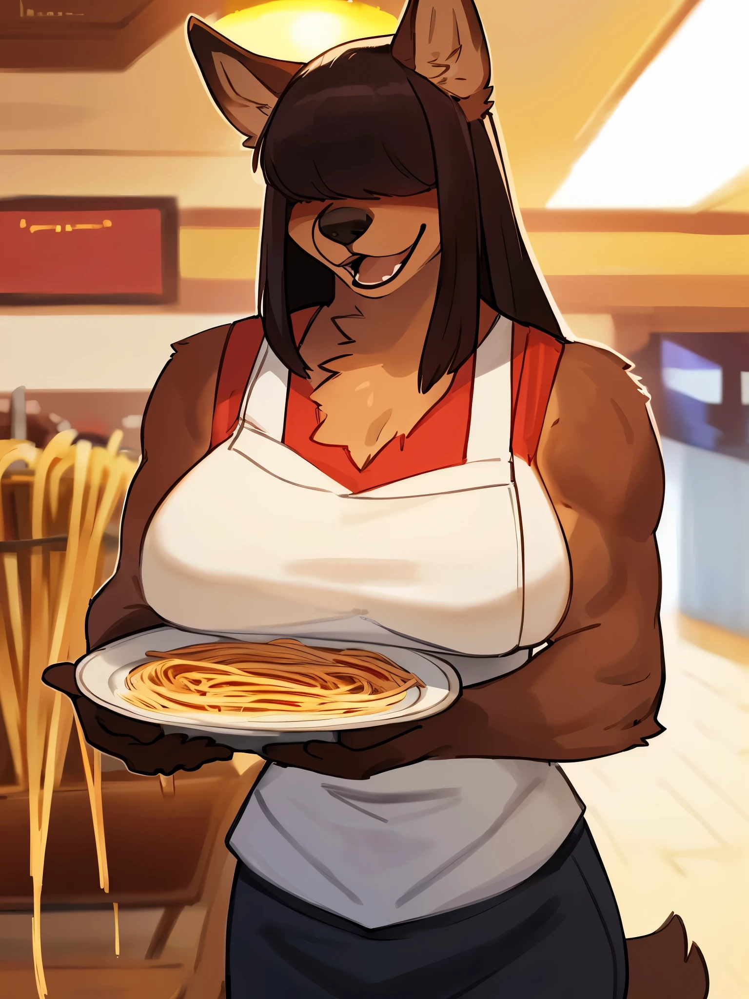 By bebebebebe, by lostgoose, by goonie-san, female, ((canine, snout, hair covering eyes, straight hair, medium hair, flat hair, ears, thin snout)), brown fur, big poofy tail, raised tail, dark maroon hair, ((muscular)), (big breasts), solo, standing, ((waitress)), smiling, open mouth, ((carrying tray of spaghetti, detailed spaghetti, impeccable spaghetti, red sauce on spaghetti)), fancy restaurant, warm lighting