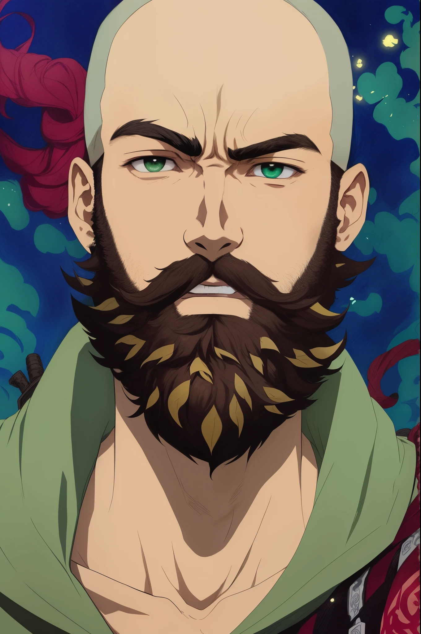 there is a man with a beard and a green shirt, handsome guy in demon slayer art, anime portrait of a handsome man, jake parker, anime character portrait, thick beard highly detailed, stunning anime face portrait, jc leyendecker and sachin teng, anime handsome man, male anime character, joao ruas, ilya kuvshinov with long hair