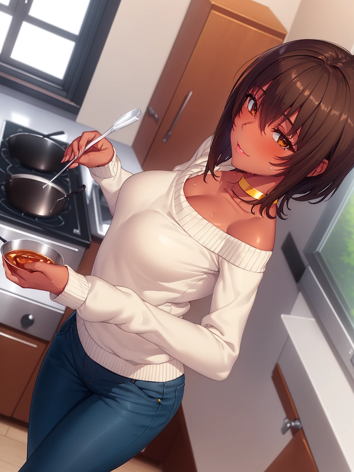 (1girl, highres, best quality:1.2), intricate details, vibrant image, sharpness, colorful, medium breasts,
ShioriNishimura, dark skin, dark-skinned female, solo, mature female, milf, looking at viewer, from behind, cowboy shot, cute, kawai, cooking, kitchen, indoors, window, tree, sky,((((side perspective, confident attitude, sobriety, majestic posture, healed))
brown hair, short hair, makeup, brown eyes, perfect eyes, perfect face, detailed face, (choker:1.1),
sweater, off-shoulder sweater, (pants:1.1),
sweat, medium breasts, thighs, narrow waist
