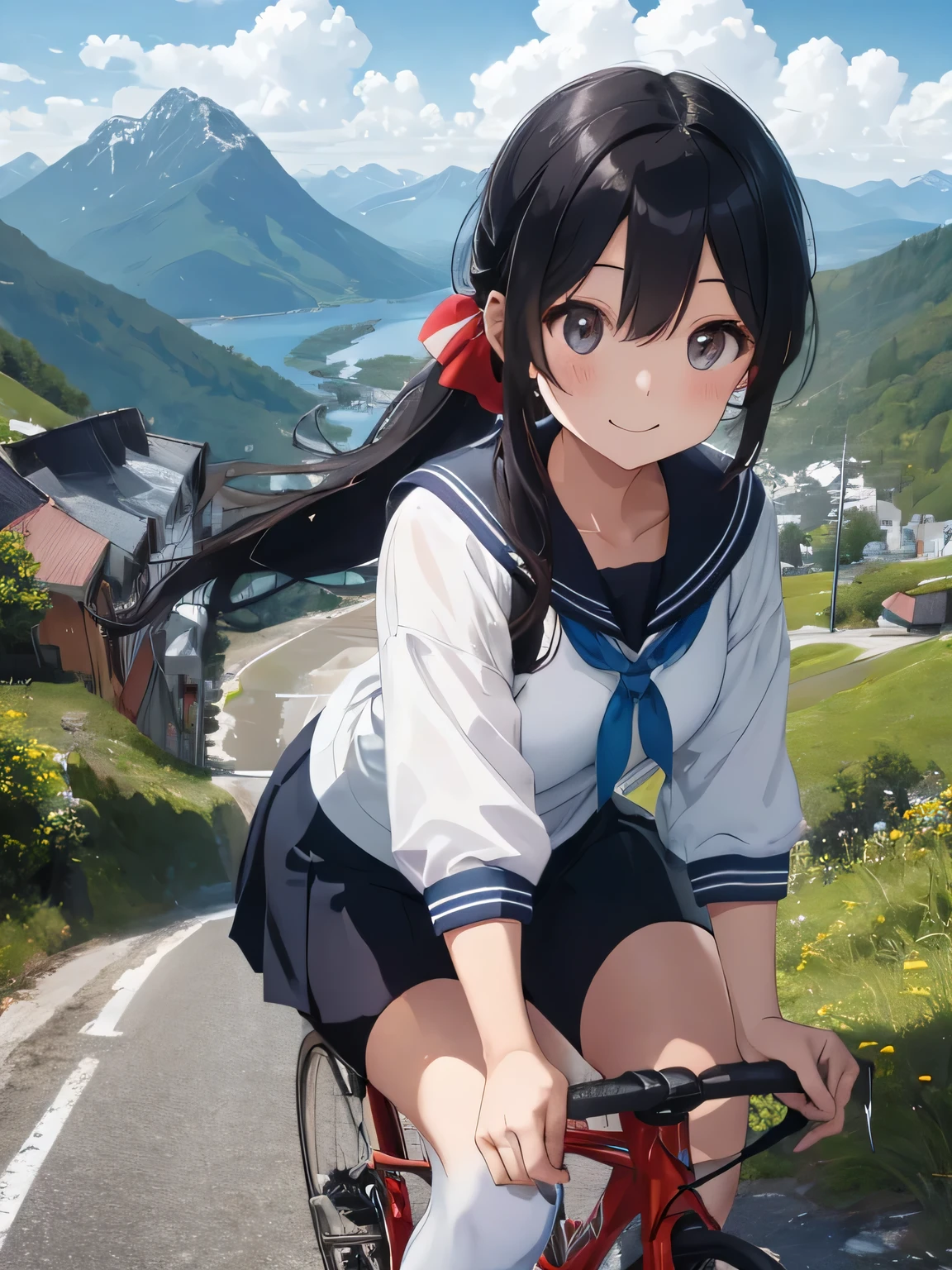 highest quality、High resolution、detailed background、beautiful and detailed face、beautiful and smooth skin、skin texture、professional lighting、Cute beautiful Iful Girl、Cute character wearing a sailor suit.、The costume is a uniform with a sailor collar and ribbon..、Cute Ponytail、 sleeveless、knee high socks、pleated mini skirt、Ride through the mountains on a road bike、
A road bike that can ride smoothly on slopes and mountain roads, Ideal for mountainous landscapes。.。mountain with nice view々Enjoy the natural beauty of valleys and canyons.。smile