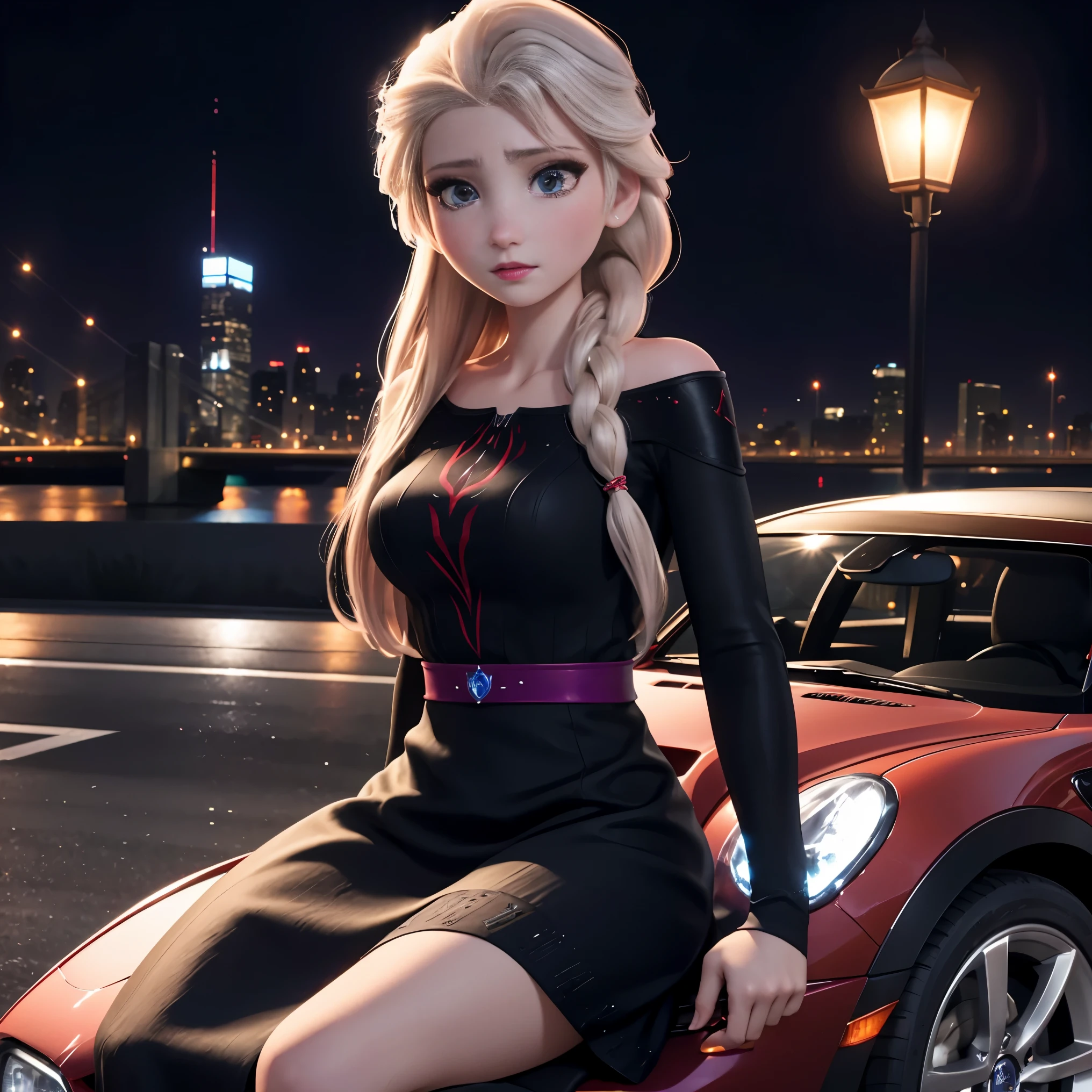 Elsa、beautiful clear expression, Elsa, knit dress、black mini skirt、high quality、とてつもなく大きなおっぱい、(180.0)urban highway night view background、車の隣に立つElsa、(red luxury sports car)