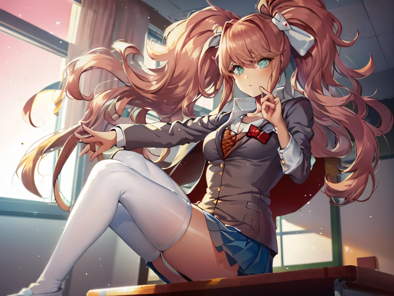 (masterpiece, top quality, best quality, art, beautiful), monika, emerald green eyes, very long hair, coral brown hair, high ponytail tied back with a large white bow, curled slightly at the ends, school uniform consisting of a warm gray blazer fully buttoned and untucked, brown sweater vest, white shirt fully buttoned and tucked, red ribbon, dark blue pleated skirt, black thigh-high socks and white uwabaki slippers with pink tips, (background:classroom on the window is space), Yandere, eyes on the camera,