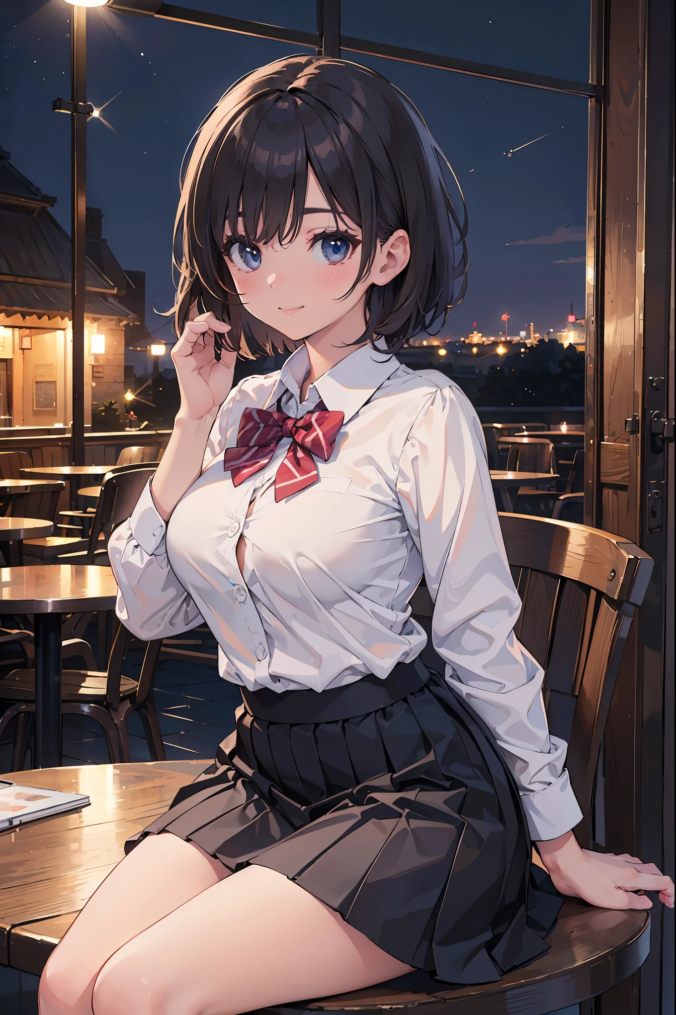 (8k, RAW photo, best quality, masterpiece:1.2), (realistic, photo-realistic:1.37), ultra-detailed,
1 girl,cute, solo,beautiful detailed sky,detailed cafe,night,sitting,dating,(nose blush),(smile:1.1),(closed mouth),large breasts, seductive smile, large aparture, professional lighting, Sony A7R4, Zessie 50mm F1.8,
medium breasts,beautiful detailed eyes,(collared shirt:1.1), bowtie,pleated skirt,(short hair:1.2),floating hair