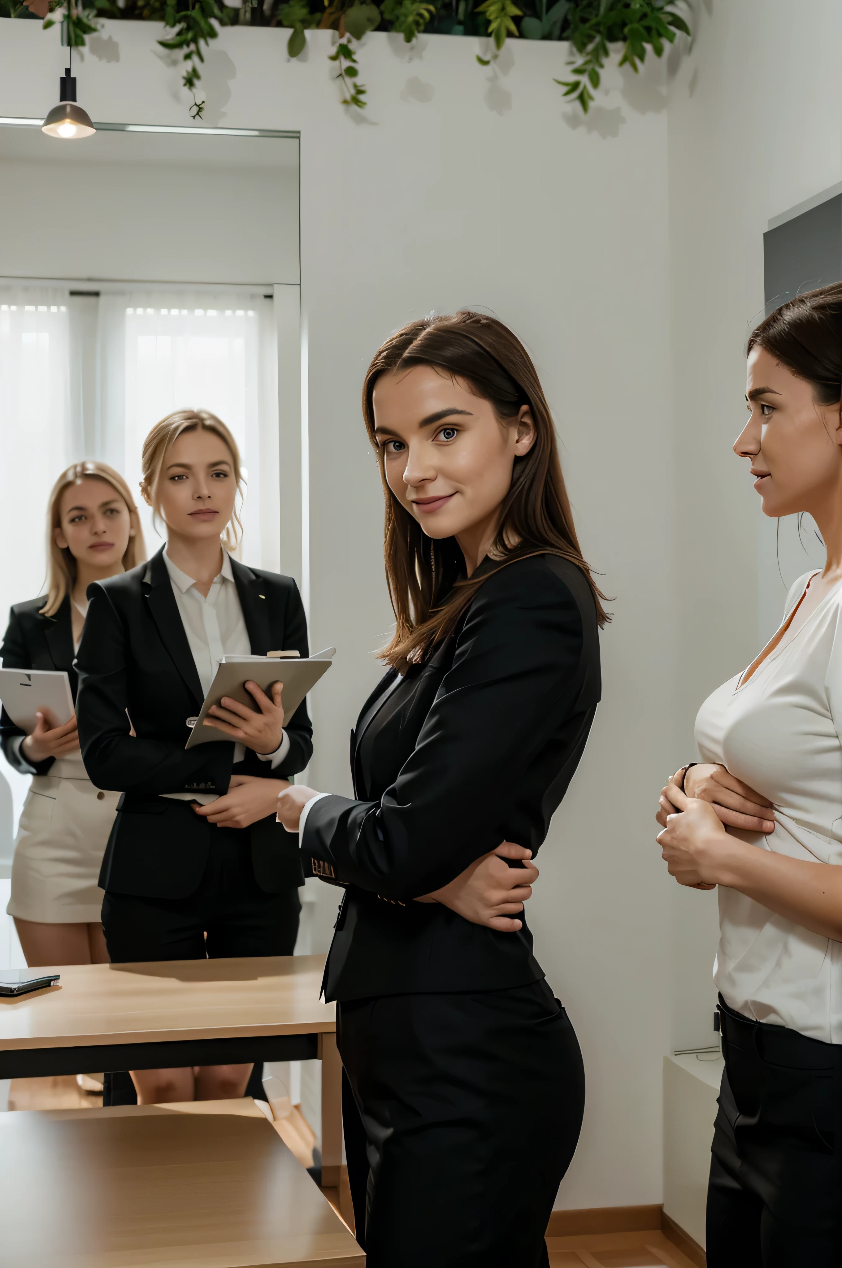 Create a high-resolution image of a professional team of six people in formal business attire. Die Gruppe sollte aus diversen Individuen bestehen, die moderne, gut sitzende Hemden tragen. Jedes Teammitglied soll eine selbstbewusste, but adopt an approachable attitude, with a friendly smile, das Teamgeist und positive Arbeitskultur ausstrahlt. Die Personen sind so arrangiert, dass jede Person deutlich sichtbar ist, vielleicht in einer leichten Halbkreisformation um einen Konferenztisch herum, thereby emphasizing both unity and individuality. The background is intended to represent an elegant office interior, mit klaren Linien, lots of natural light and a touch of greenery through plants, was die Verbindung zur Nachhaltigkeit symbolisiert. The scene is supposed to be professional, Reflect excellence and a harmonious working atmosphere.