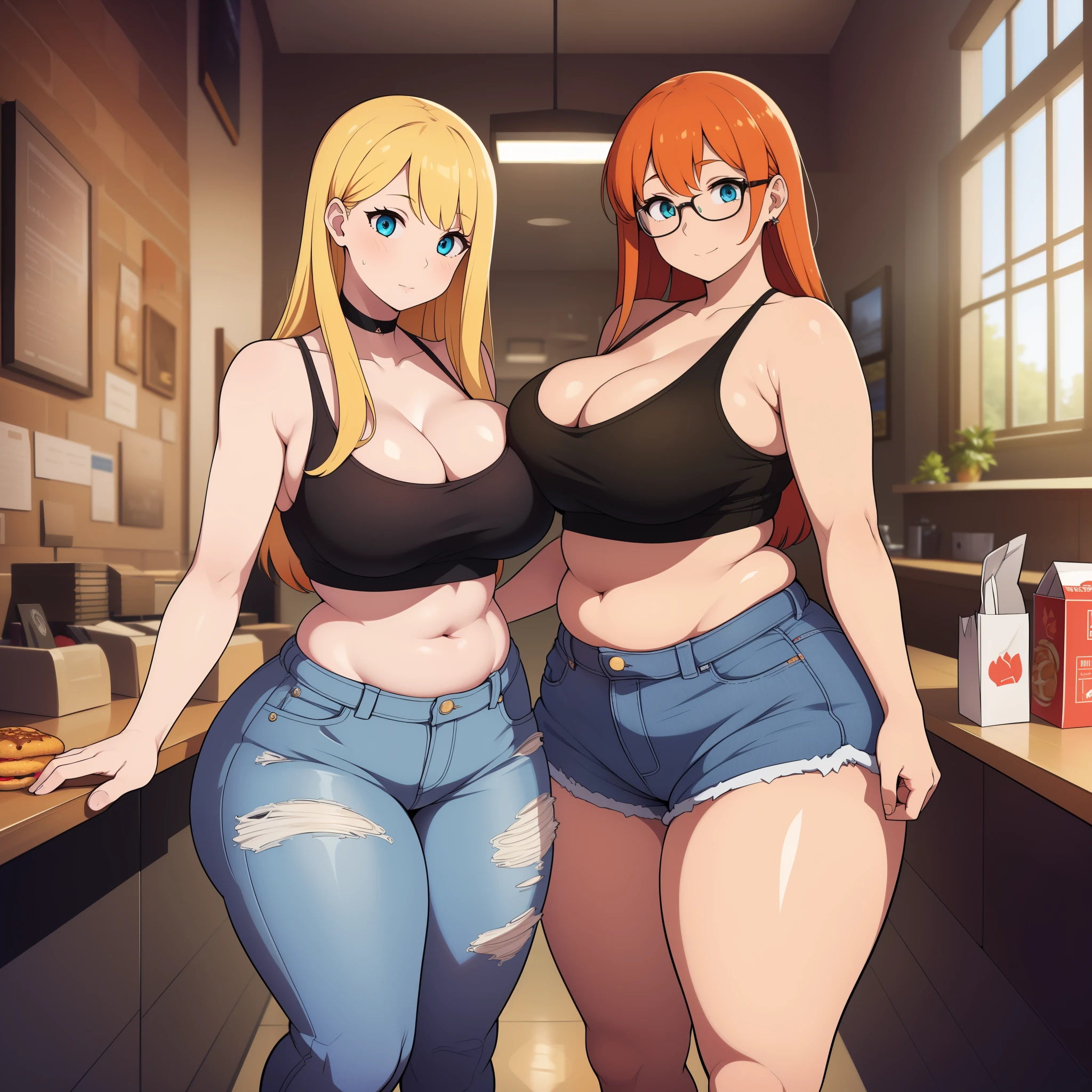 ((highres)), Masterpiece, high quality, best quality, beautiful, perfect lighting, detailed face, ultra cute face, ((2girls)), one girl has blonde hair, blue eyes, crop top and shorts, skindentation, one girl has orange hair, green eyes, jeans, white shirt, full body, fast food restaurant, medium breasts, cleavage, perky breasts, ((wide hips)), (thick thighs), (chubby), chubby belly, belly hang, standing next to each other,