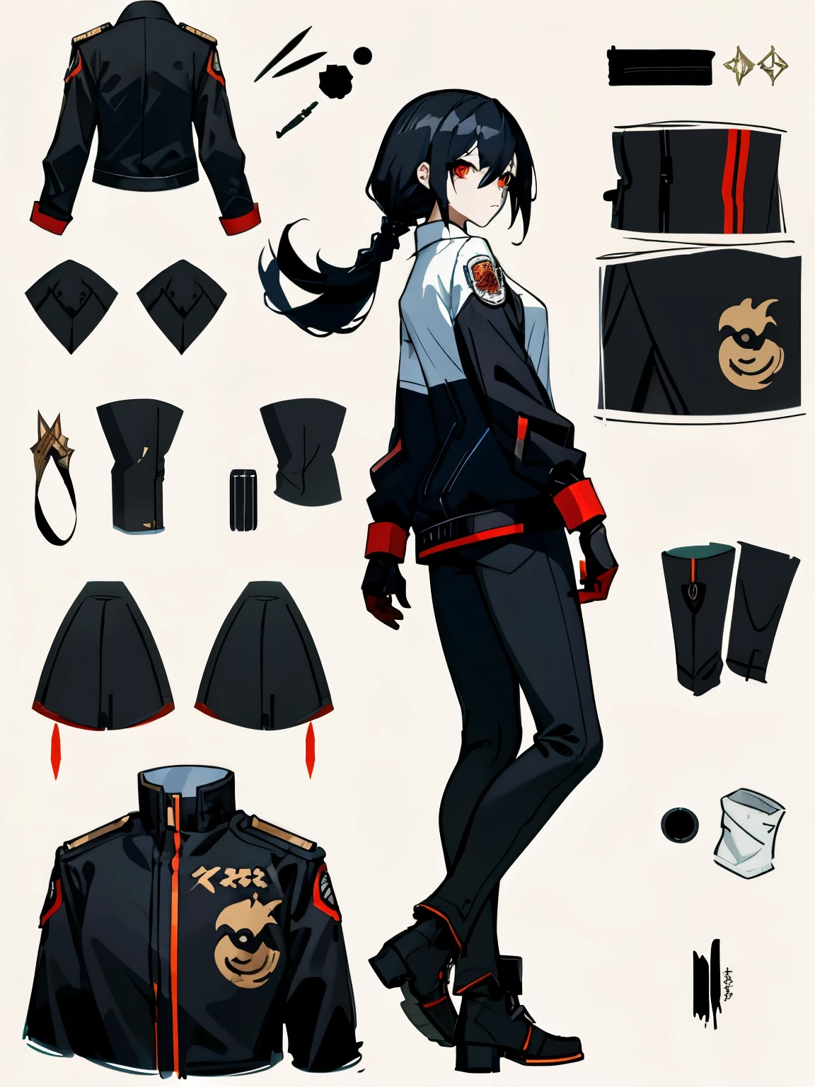 A woman with a black jacket over a full white t-shirt, black ClothMask , pushed back black hair , ((character concept art)), ((character design sheet, same character, front, side, back)) maple story character art, video game character design, video game character design, expert high detail concept art, metal bullet concept art, funny character design, Black pants , BLACK JACKET OVER A FULL WHITE T-SHIRT , PUSHED BACK HAIRCUT , black gloves , red eyes , Anime female style , BLACK JACKET OVER A FULL WHITE T-SHIRT , PUSHED BACK HAIRCUT, RED EYES , black gloves , black PUSHED BACK HAIRCUT , video game character design, long hair