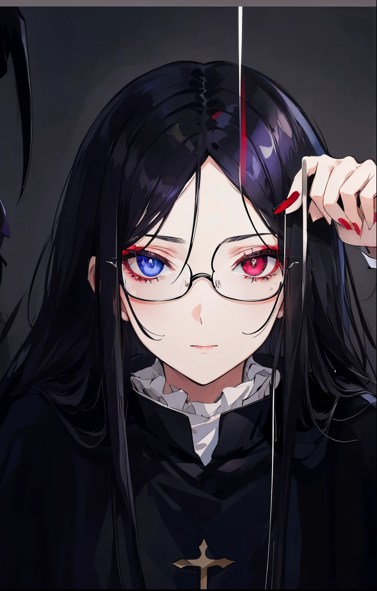 Soothing black hair,Silver-framed glasses,Beautiful brunette religious priest,Very stunning red and blue heterochromatic pupils,crow feeling,A little bit old-fashioned,Black clothes with dark purple lines