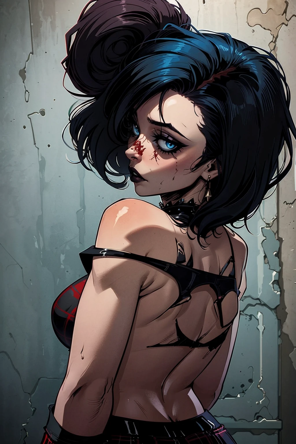 a woman with short black hair, hair on shoulders,  wearing a black cropped  and plaid skirt, blue eyes, zombie art, gothic art, cute aesthetic with vibe, toon aesthetic, wearing red costume, wearing gothic accessories, look like Cassie Hack, upper body, zombie background, backwards, looking back