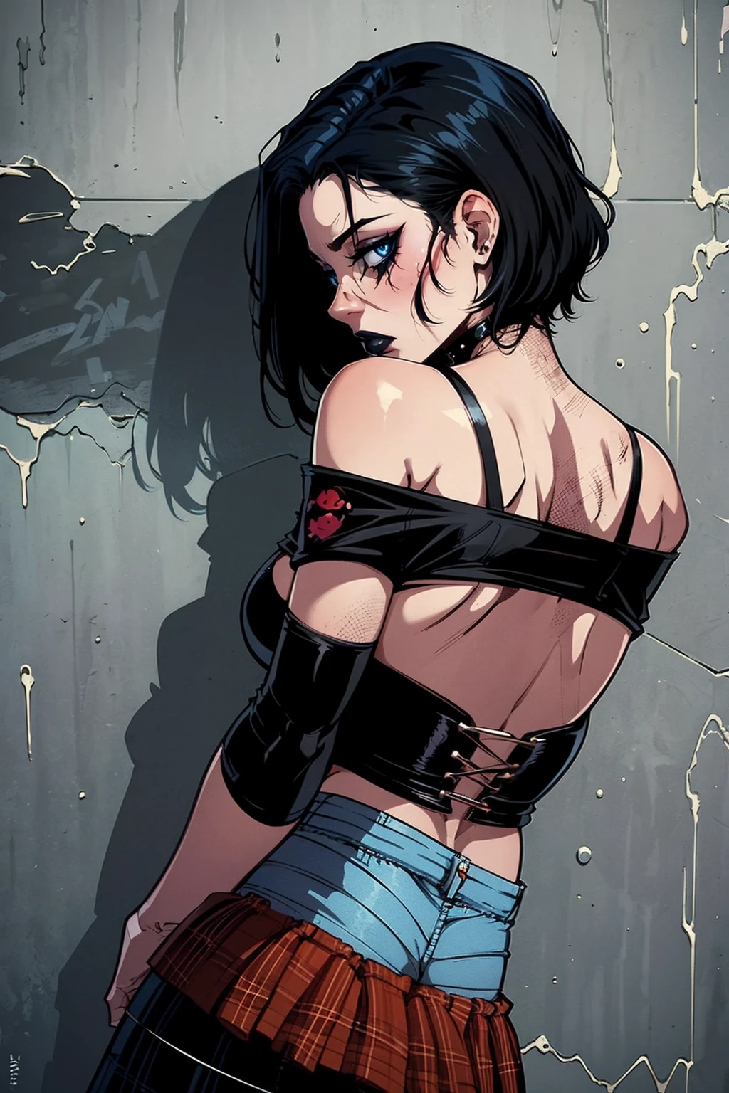 a woman with short black hair, hair on shoulders,  wearing a black cropped  and plaid skirt, blue eyes, zombie art, gothic art, cute aesthetic with vibe, toon aesthetic, wearing red costume, wearing gothic accessories, look like Cassie Hack, upper body, zombie background, backwards, looking back