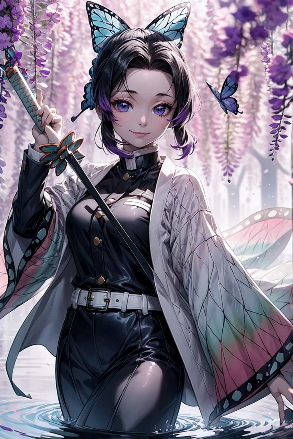 Extremely detailed and high-resolution masterpiece of Kocho Shinobu, the beautiful and deadly Demon Slayer in dynamic action. Add emphasis on the intricate details of her butterfly-themed outfit and the fierce expression on her face. Set the scene on a sunny day, with a serene pond and cherry blossom petals in the background. Use rich colors and volumetric light to create a sense of ethereal beauty and power, smilling