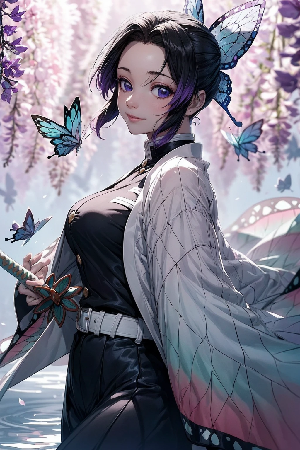 Extremely detailed and high-resolution masterpiece of Kocho Shinobu, the beautiful and deadly Demon Slayer in dynamic action. Add emphasis on the intricate details of her butterfly-themed outfit and the fierce expression on her face. Set the scene on a sunny day, with a serene pond and cherry blossom petals in the background. Use rich colors and volumetric light to create a sense of ethereal beauty and power.