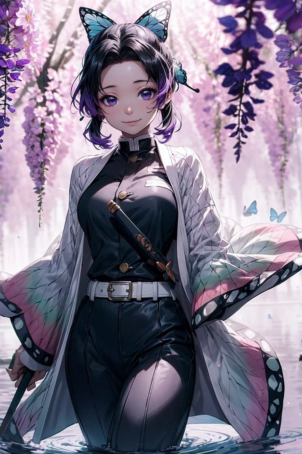 Extremely detailed and high-resolution masterpiece of Kocho Shinobu, the beautiful and deadly Demon Slayer in dynamic action. Add emphasis on the intricate details of her butterfly-themed outfit and the fierce expression on her face. Set the scene on a sunny day, with a serene pond and cherry blossom petals in the background. Use rich colors and volumetric light to create a sense of ethereal beauty and power.