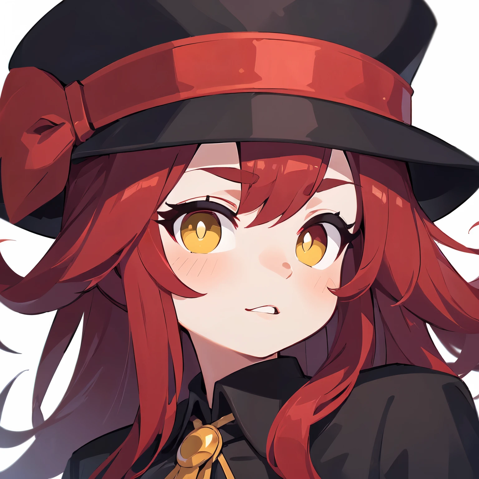 (best quality:1.5), ((masterpiece)), (detailed), (photorealistic), perfect face, 1girl, long red hair, heterochromia, left eye is yellow and a right eye is green, (black tophat with red tape on it), black coat, black gloves,mafia vibe, from above, from side