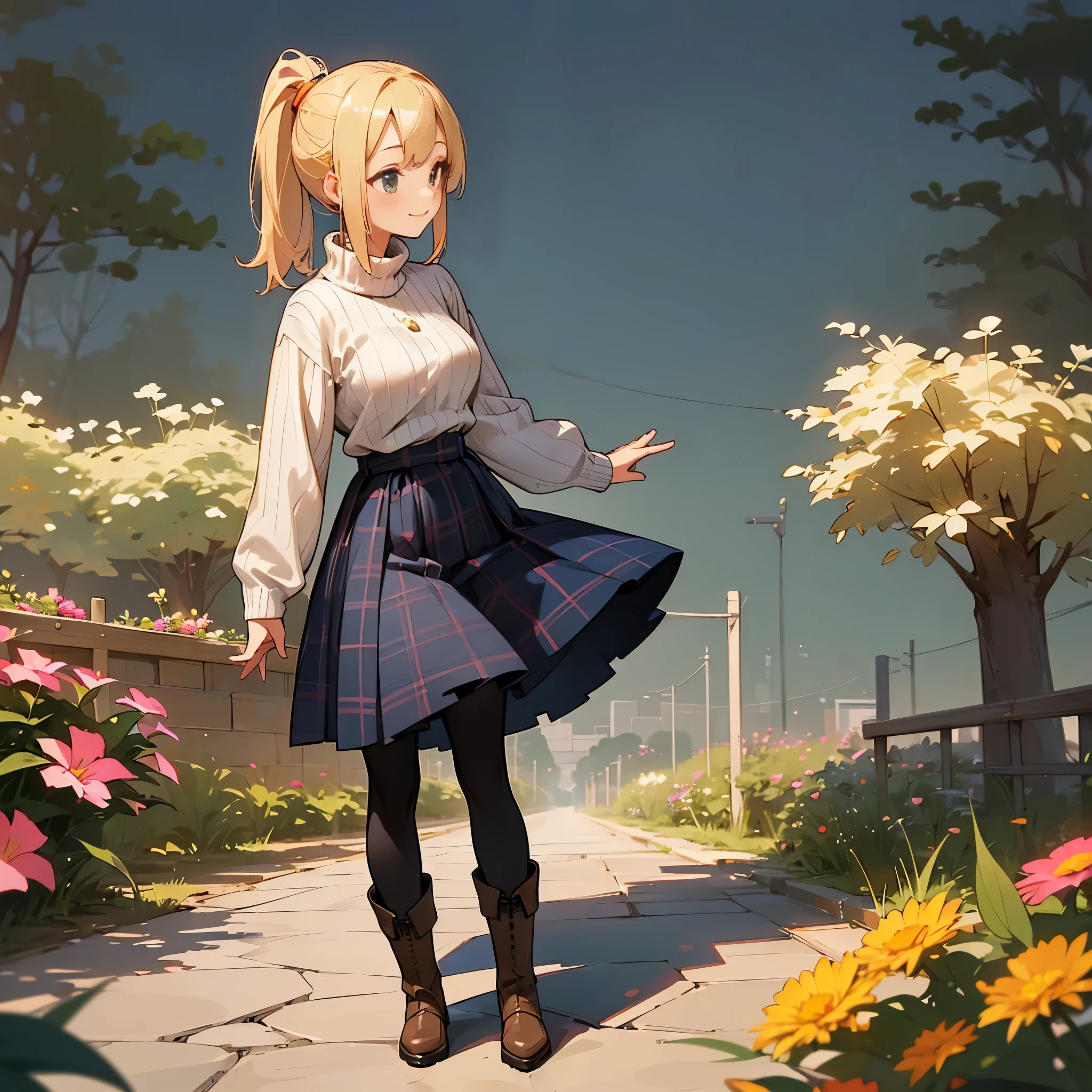 (high quality, high resolution, Super detailed, Reality:1.37), peaceful atmosphere, (outdoor, garden),  girl standing alone, (My breasts are big.), Beautiful detailed features, cute smile, (Blonde ponytail), ribbed sweater, blue plaid skirt, Black tights, brown boots.