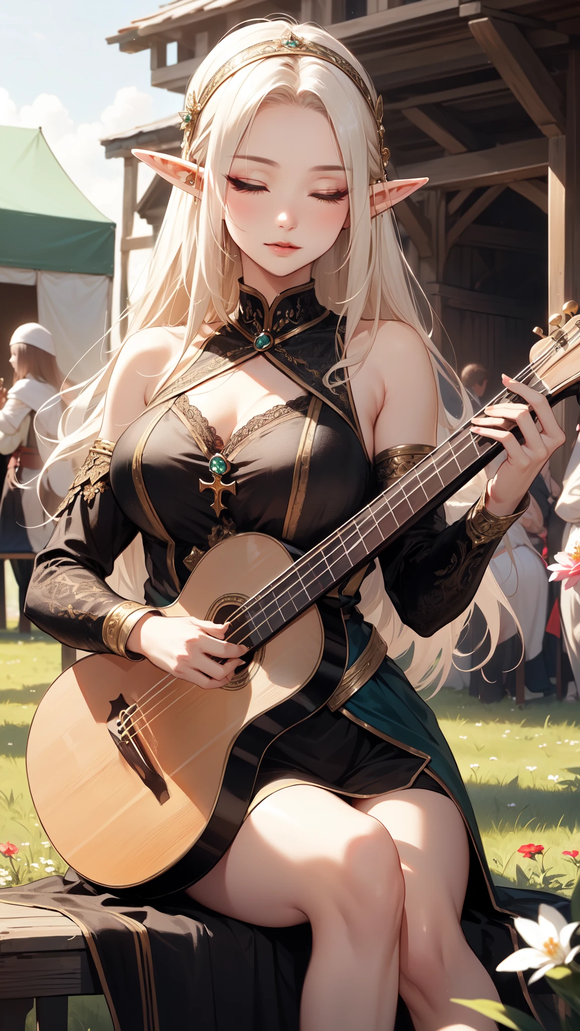 ((masterpiece)), (top quality), (best quality), ((ultra-detailed, 8k quality)), Cinematic lighting, Volumetric lighting, (detailed line art), absurdres, (best composition), (high-resolution), Aesthetics, serene mood, (a graceful gorgeous young elf woman, sitting cross-legged as she plays a lute instrument the crowd),  ((pretty and elegant)), (((playing a lute musical instrument))), ((performing music while sitting outdoors at a (medieval:1.3) spring festival)), ((graceful physique)), medium breasts, (elegant black silk shimmering cocktail dress with gold embroidery), cheerful spring lighting, (outdoors at the crowded village festival), ((people in background field of flowers and tents medieval Europe style)), celebration!, depth of field, sharp focus, (fantasy:1.3), [cinematic dramatic atmosphere],[atmospheric perspective],
BREAK,
highly detailed of ((elf:1.4)), (1girl), solo, perfect face, details eye, hair Bun, (hime cut, bangs:1.2), (white shining hair:1.2),((blindfolded, eyes closed)), (beautiful detailed eyelashes, eyeshadow, pink eyeshadow),  gentle smile, Concept art by Mikimoto Haruhiko, by Kawacy, By Yoshitaka Amano, BREAK, 
((perfect anatomy)), perfect body, (medium breast), perfect hands, perfect face, beautiful face, beautiful eyes, perfect eyes, (perfect fingers, deatailed fingers), correct anatomy, perfect legs, 