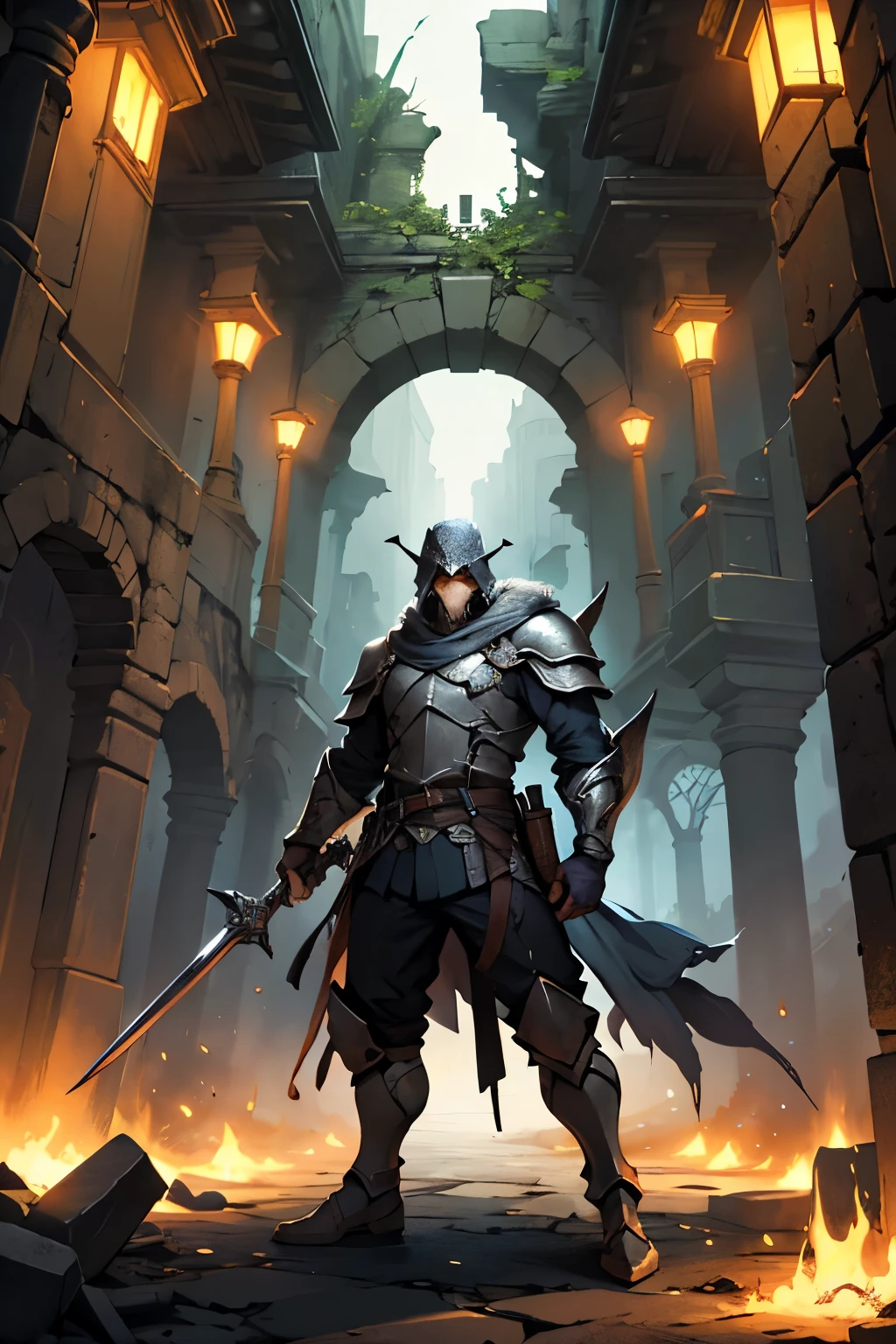 Desenhe um guerreiro, ele com sua armadura, cercado de ruinas, with dramatic lighting