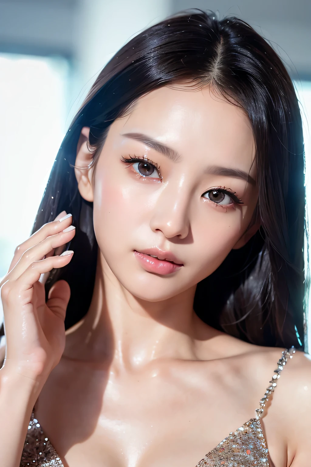 High resolution、no makeup、８ｋ、beautiful feet、close-up image、high nose、long jaw、narrow eyes、white skin、fashion show、Glittering costumes、intellectual beauty、clear eyes、transparent