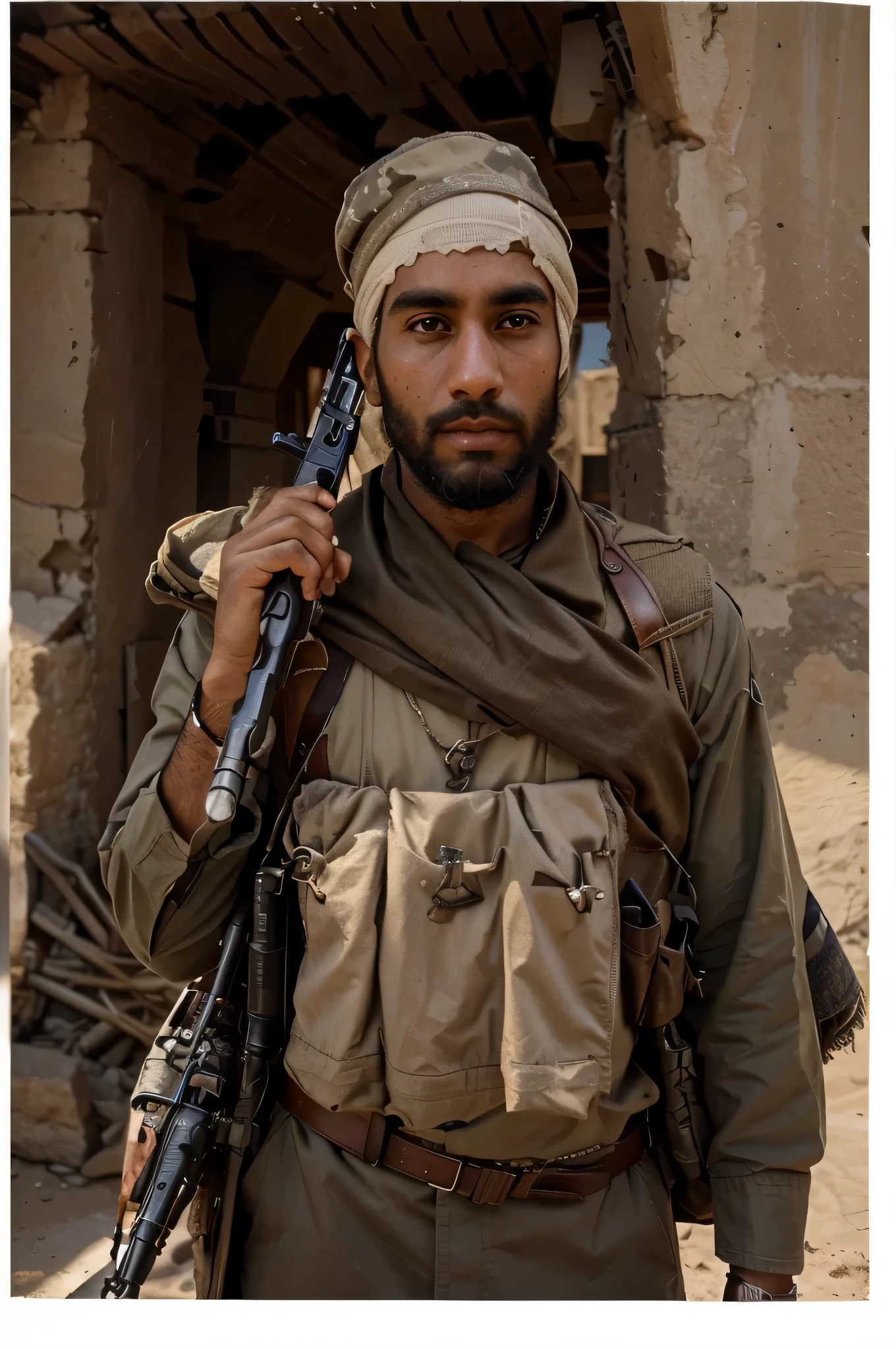 Soldado masculino, Arab face, piel oscura, Barba negra gruesa, se cubre la cabeza con un turbante, He wears typical beige and white Arab clothing., Belt with ammunition, carries a Soviet style assault rifle, It&#39;s in a desert in the Middle East, 4k , ultra detallado image, Realista, muy detallado, perfect composition, gorgeous, Intrincadamente detallado, incredibly detailed, 8 k artistic photography, hiper detallado, obra maestra, ultra detallado, hyper Realista, 4k, ultra detallado image, Realista, muy detallado, perfect composition, hermoso, Intrincadamente detallado, incredibly detailed, 8K fine art photography, hiper detallado, obra maestra