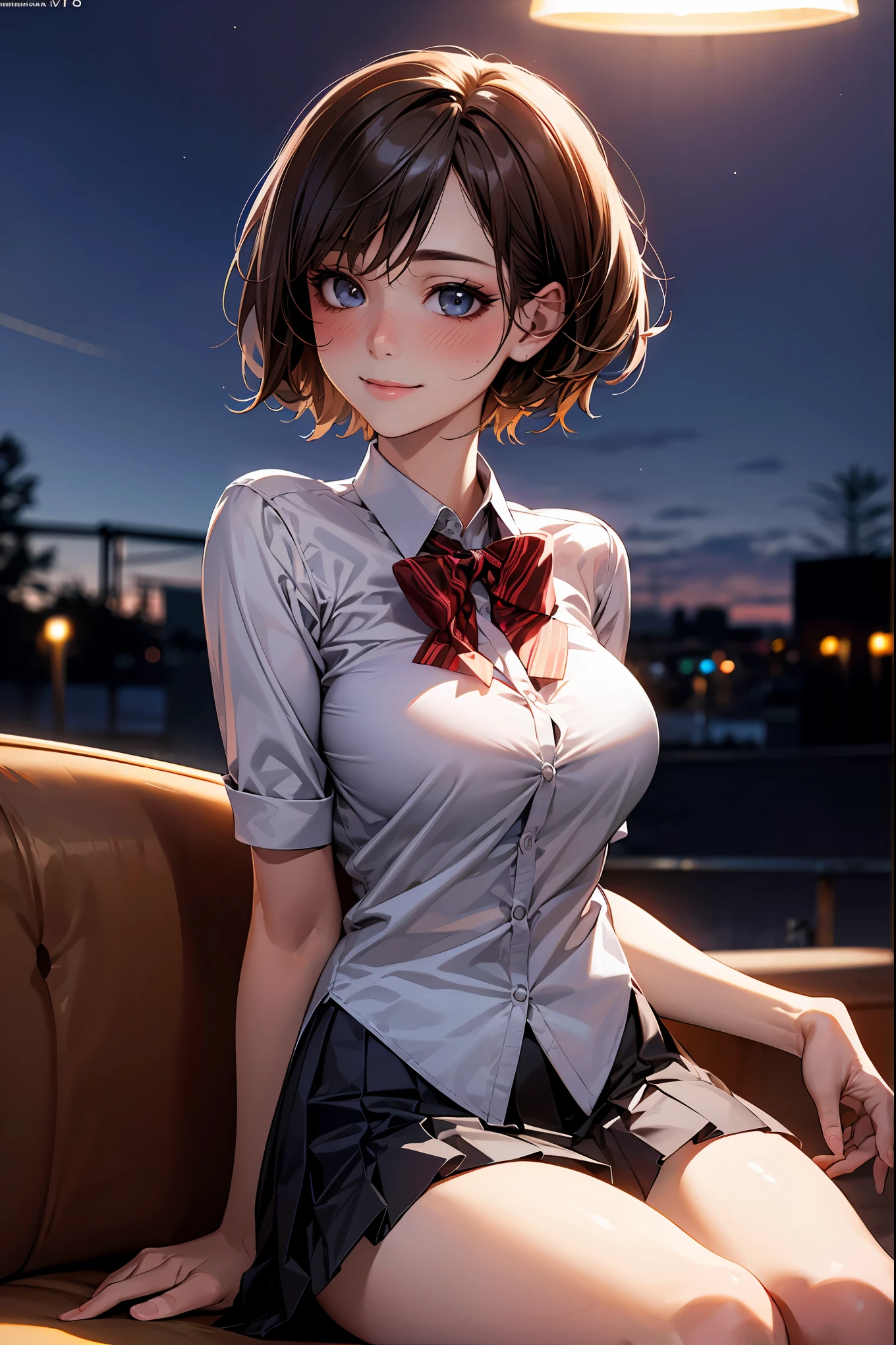 (8k, RAW photo, best quality, masterpiece:1.2), (realistic, photo-realistic:1.37), ultra-detailed,
1 girl,cute, solo,beautiful detailed sky,detailed cafe,night,sitting,dating,(nose blush),(smile:1.1),(closed mouth),large breasts, seductive smile, large aparture, professional lighting, Sony A7R4, Zessie 50mm F1.8,
medium breasts,beautiful detailed eyes,(collared shirt:1.1), bowtie,pleated skirt,(short hair:1.2),floating hair