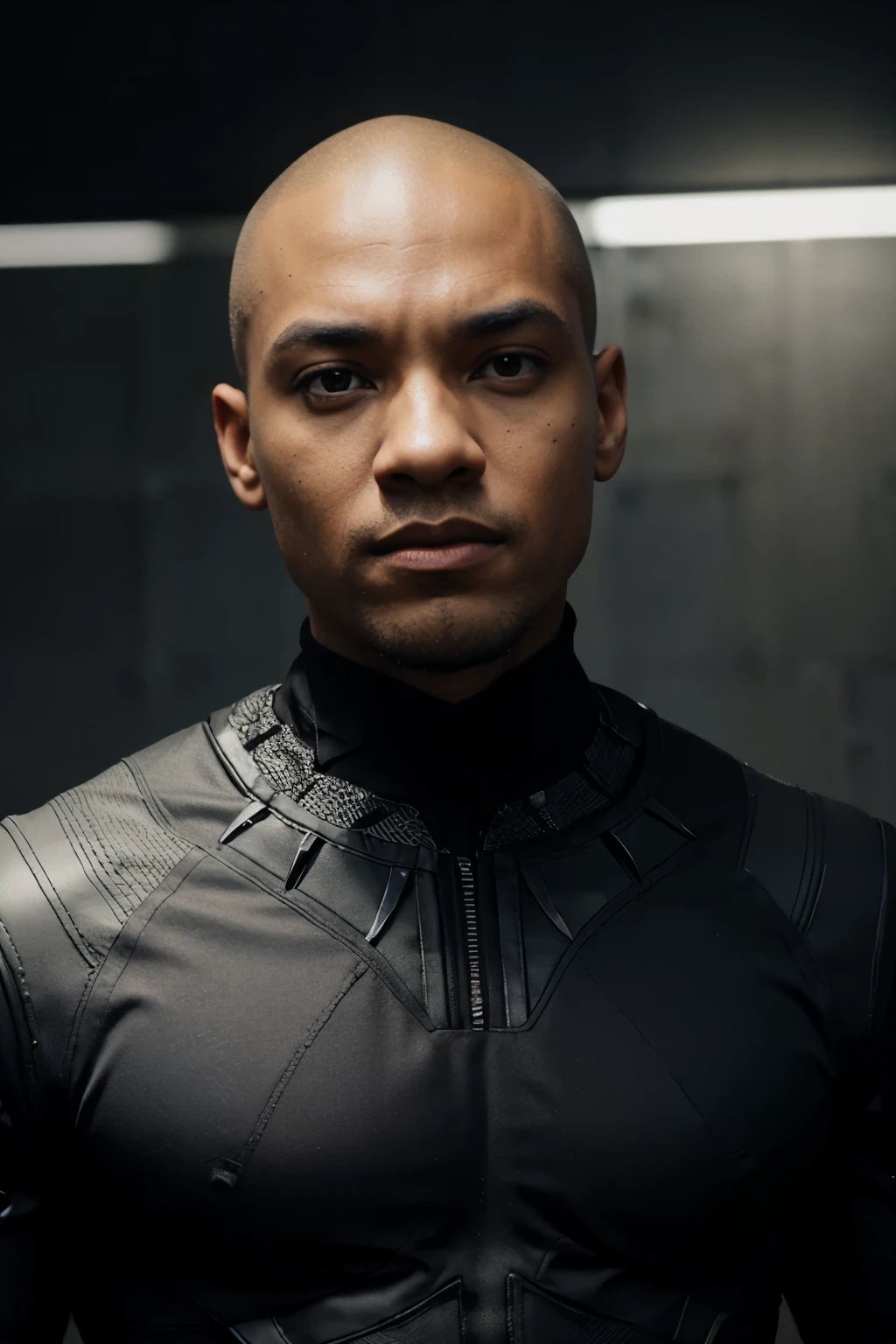 Men in black panther suit with shaved head:: skin head