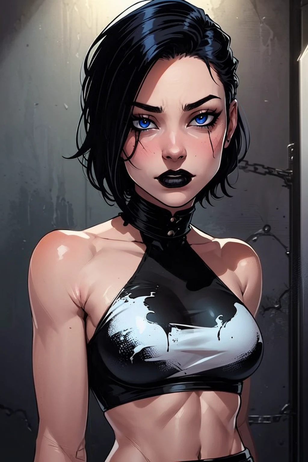 a woman with short black hair, hair on shoulders,  wearing a black cropped  and plaid skirt, blue eyes, zombie art, gothic art, cute aesthetic with vibe, toon aesthetic, wearing red costume, wearing gothic accessories, look like Cassie Hack, upper body, zombie background, backwards, looking back