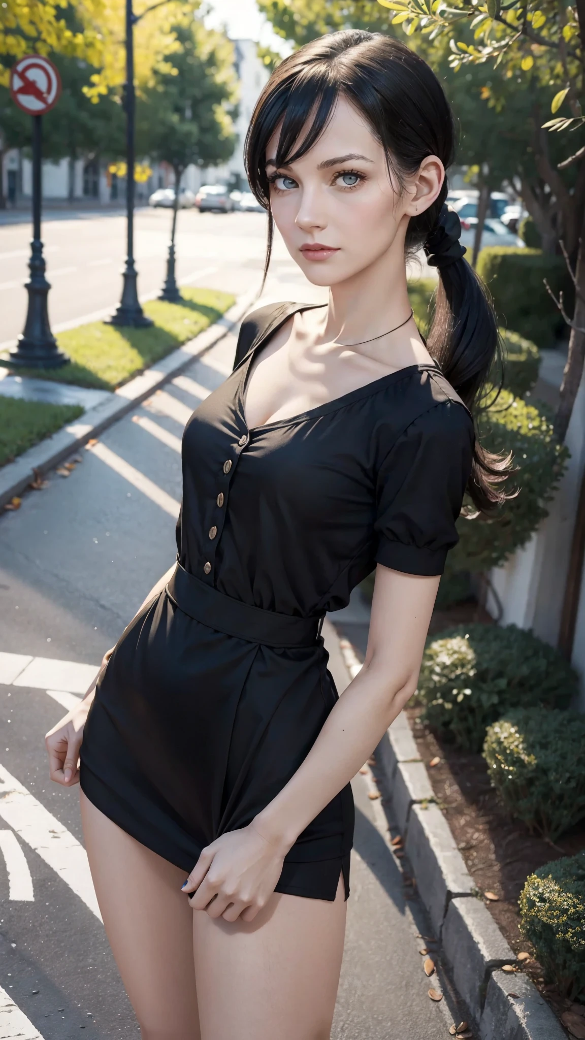 a humanized and female version of Olive Oyl, always repeating the same face, always repeating the same proportions, always repeating the same appearance, always repeating the same clothes, ((ALONE)), full body, looking directly at the camera, wearing sexy clothes