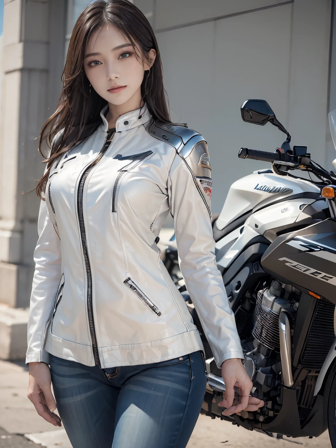 ((highest quality, 8K, masterpiece: 1.3)), sharp: 1.2, perfect body beauty: 1.4,(((Woman on Motorcycle))),slender body,white long sleeve motorcycle jacket and jeans,Highly detailed face and skin texture,((full body shot)),Natural light,smile,((Wink))