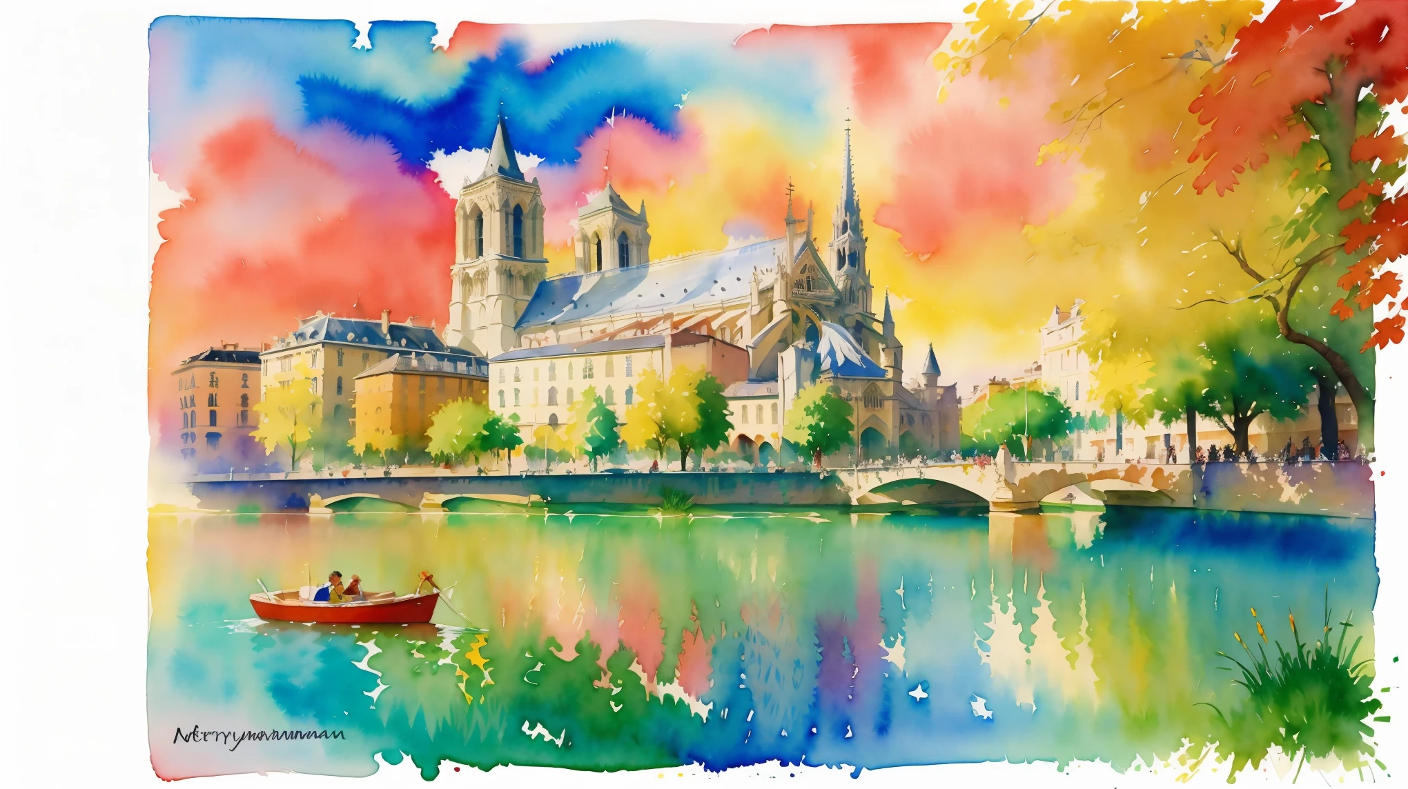 (Watercolor:1.2) Cathedral of Norte dame in Paris, France. Painting in the style of LeRoy Neiman. (Leroy Neiman:1.3)