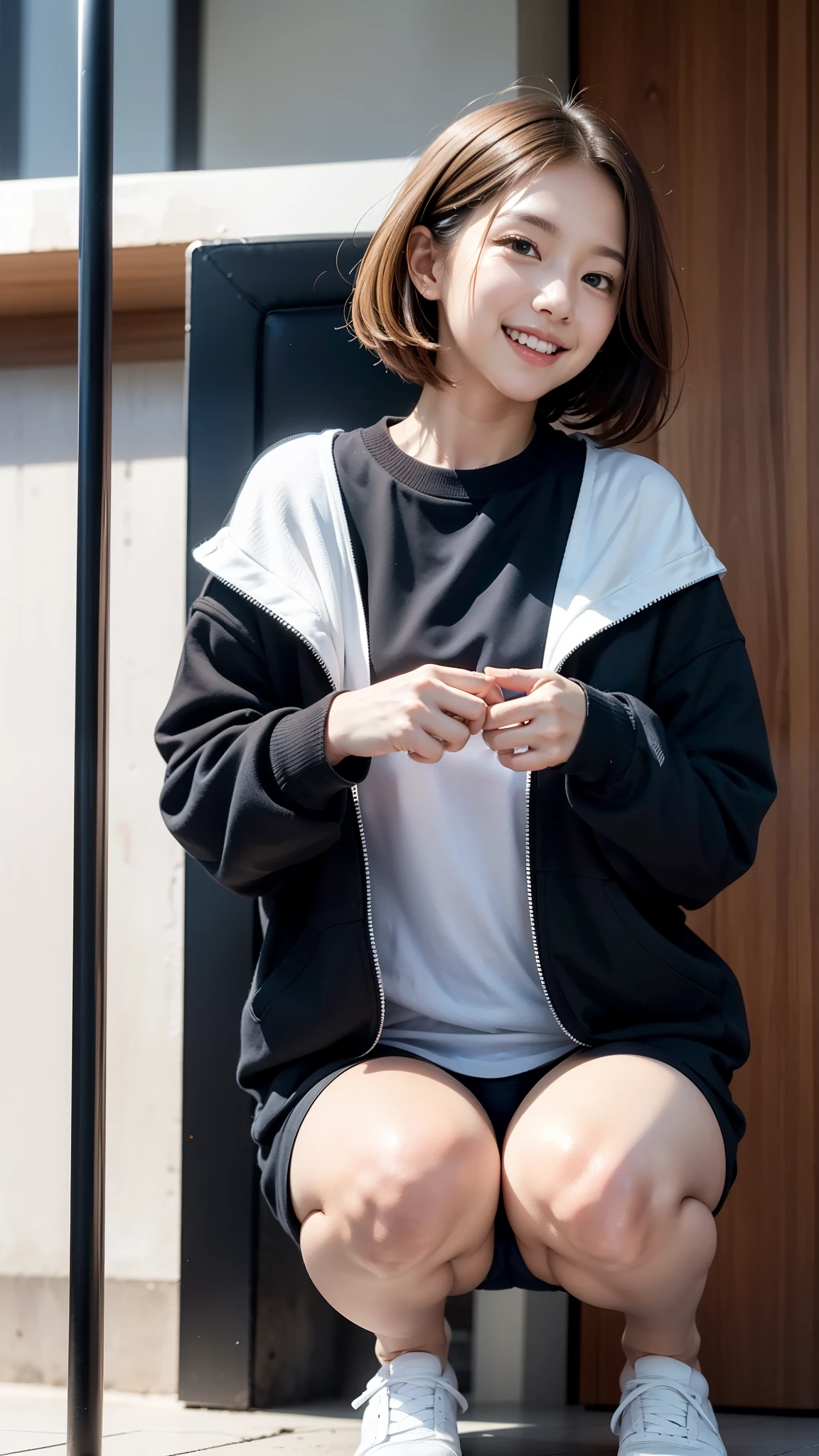 laughter:1.5、I can see her small white panties:1.5，Brown hair short cut with side waves:1.5，casual sneaker wear:1.5，squatting down:1.5，I'm sitting in a chair，