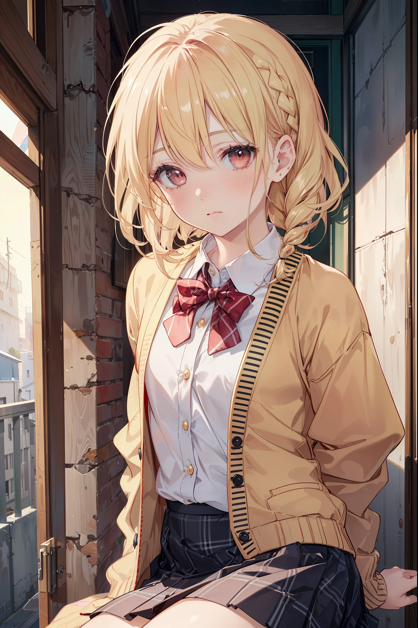 ((Masterpiece, Top Quality, High Resolution, UHD, Perfect Pixel, Depth of Field, 8k, RTX, HDR)), 1 Girl, Single, Solo, Beautiful Anime Girl, Beautiful Art Style, Rustic Anime Character, ((One Legs Bob, Medium Hair, Bangs, Blonde Hair Braids: 0 .5))), ((Deep Red Deep Red Color Eyes: 1.4, Round Eyes, Beautiful Eyelashes, Realistic Eyes)), ((Detailed Face, Blush: 1.2)), ((Smooth Texture: 0.75, Realistic Texture: 0.65, Photo Realistic: 1.1, Anime CG Style)), Dynamic Angle, Perfect Body, (( Portrait, framed)), ((green and yellow starched bow tie, uniform, black jacket, open jacket, deep red cardigan, white shirt, black skirt, plaid skirt)), mocking, mocking, small, small raspberry, cute, very cute raspberry, Really ridiculously cute and adorable little raspberry.