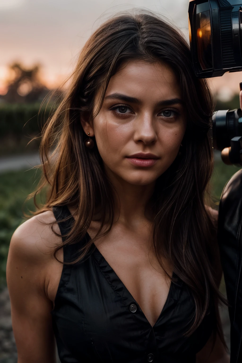 a woman is on a film set, camera is close-up, a ((red brand cinema v-raptor XL 8k camera:1.1)), she's standing on a gravel backlot, spainish surreal sunset backdrop behind, a portrait is being taken of her on set, picture is taken by Leica M camera, Hasselblad H6D digital, hyper realistic skin and textures, every detail captured, high resolution face, skin, eyes ,eyelashes, the shadows are dark and rich, luscious saturation and contrast, ((she was crying, we see her red eyes, extremely emotional expression in her eyes:1.1)), eyes filled with tears, ((emotional acting)), the woman is dressed ((in button-up crop shirt,rose maxi-shirt, hankerchef:1.2, and black shoes)), her messy (amber hair, behind her ears, messy strands frame her face), rosy cheeks, post-cry, releasing of emotiona in film acting, she stands relaxed and comforted by camera, lovely and elegant woman