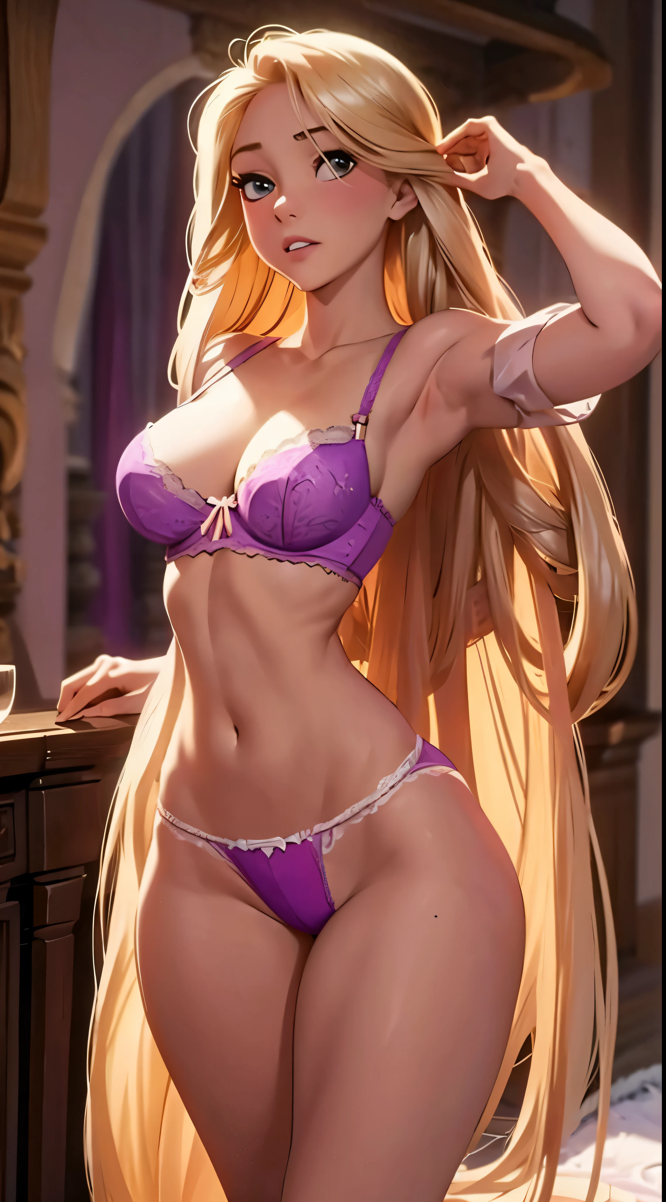 Rapunzel with long blonde hair posing sexy in bra and panties, room ago, cintura pequena, corpo magro, pernas longas