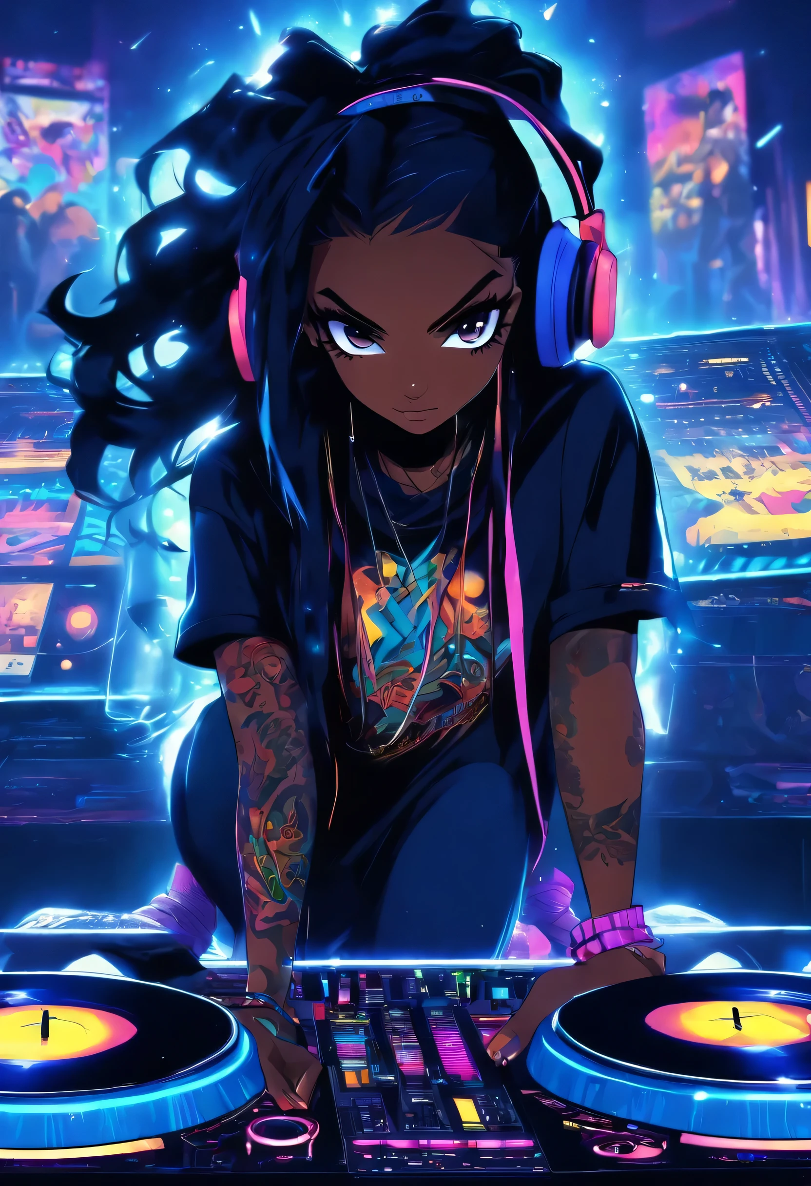 The most beautiful and sexy DJ girl, long black hair in a ponytail, blue eyes, dark skin, wearing headphones, wearing trendy hip hop hoodie, graphic t-shirt and torn skinny jeans, tons of tattoos and piercings, sitting at a highly detailed mixing board turntable, performing in a dance club, highly detailed background, perfect masterpiece, high quality, high resolution