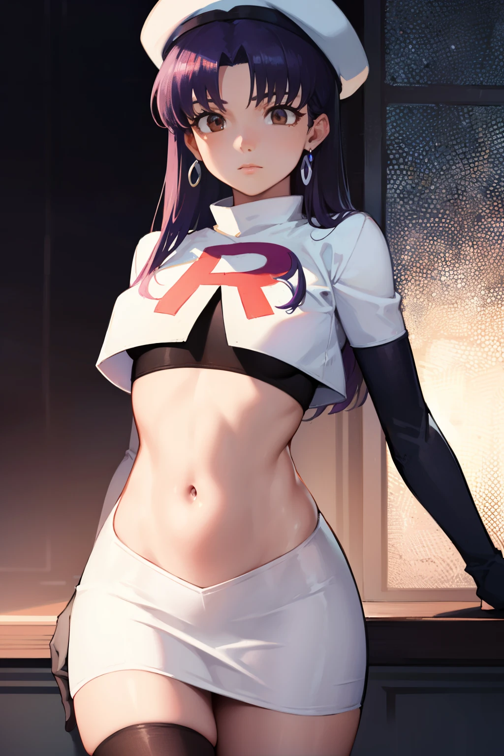 misatokatsuragi, misato katsuragi, long hair, (brown eyes:1.5), blue hair, (purple hair:1.2),
BREAK hat, jewelry, earrings, beret, red headwear, team rocket,team rocket uniform,white skirt,crop top,black thigh-highs,black elbow gloves
BREAK looking at viewer, (cowboy shot:1.5),
BREAK (masterpiece:1.2), best quality, high resolution, unity 8k wallpaper, (illustration:0.8), (beautiful detailed eyes:1.6), extremely detailed face, perfect lighting, extremely detailed CG, (perfect hands, perfect anatomy),